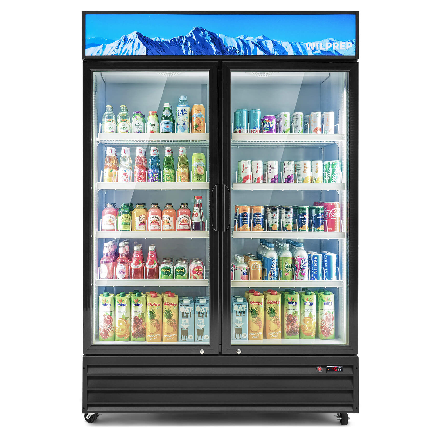 A commercial display refrigerator with two glass doors and multiple shelves filled with various beverages.