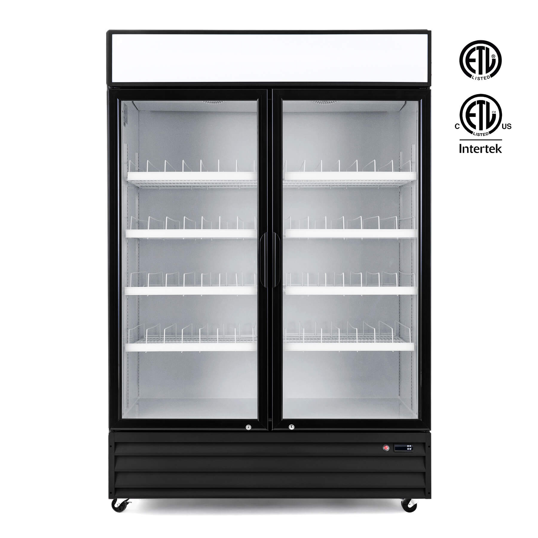 A commercial display refrigerator with two glass doors and multiple shelves filled with various beverages. The refrigerator has a black exterior and is equipped with a control panel at the bottom.