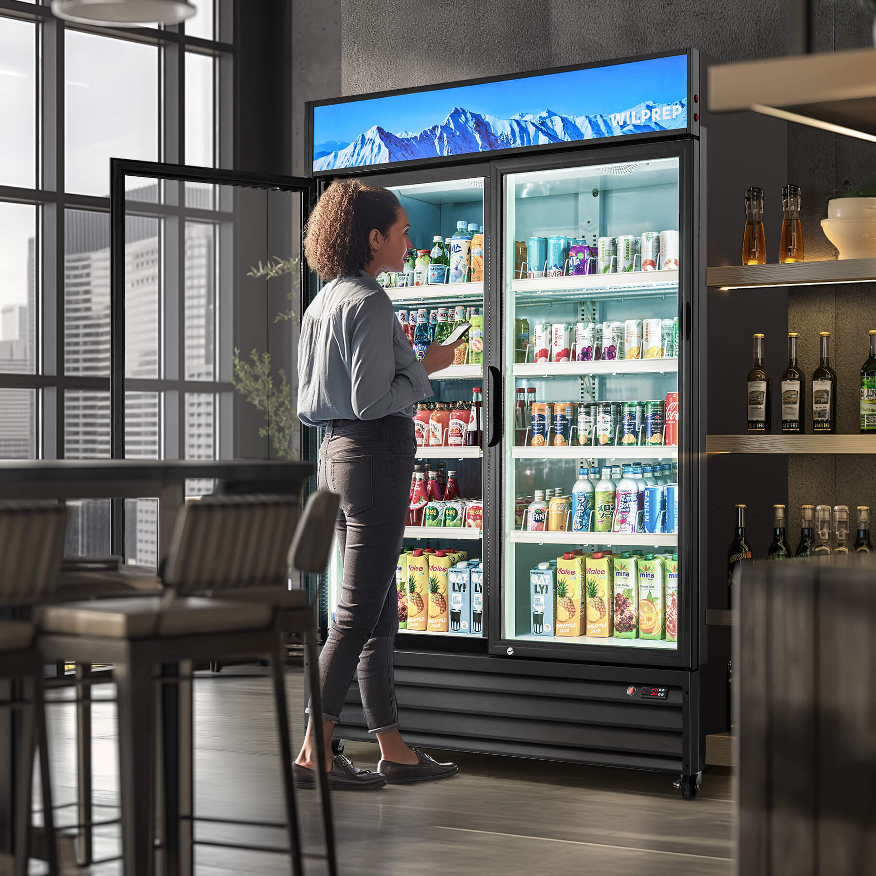 A commercial display refrigerator with two glass doors and multiple shelves filled with various beverages. The refrigerator has a black exterior and is equipped with a control panel at the bottom.