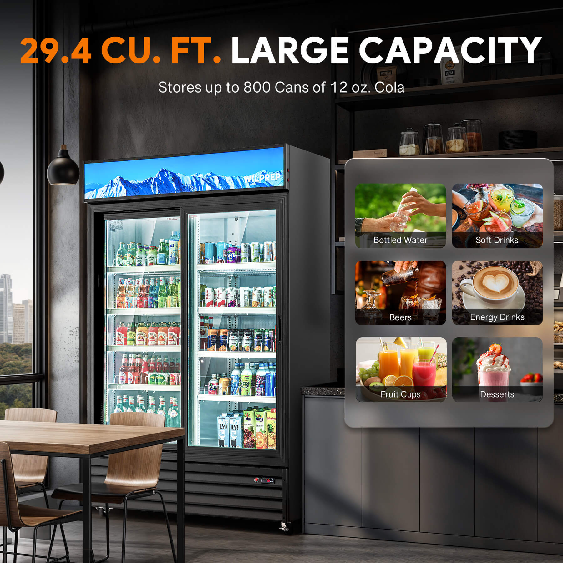 Two-door professional refrigerator designed for commercial use, combining 360° circulation air cooling, energy-saving system, high-density insulation, and UV-protected glass for freshness and reduced energy waste.