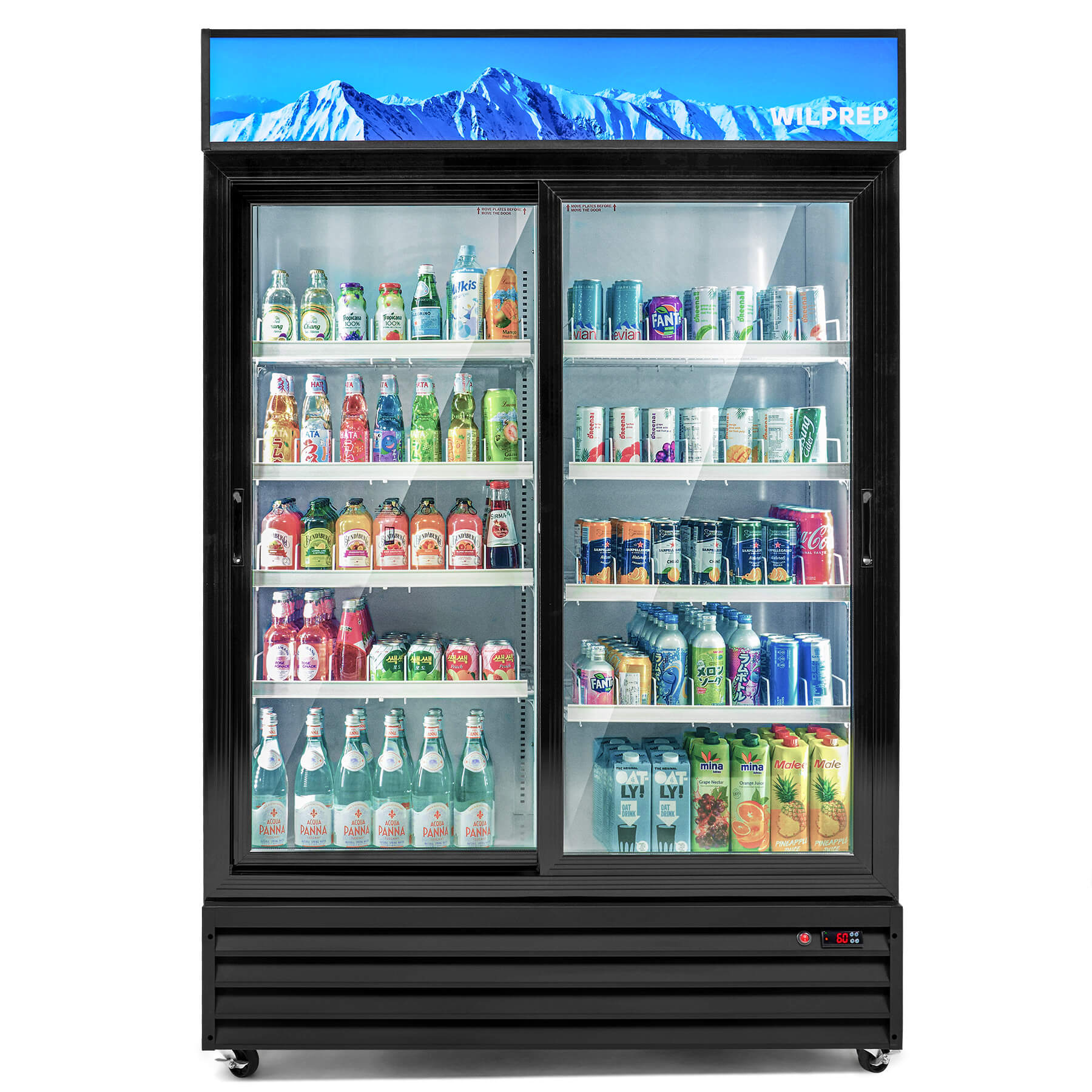 A commercial display refrigerator with two glass doors and multiple shelves filled with various beverages. The refrigerator is black, with LED lighting visible at the bottom and a screen at the top displaying a mountain range.