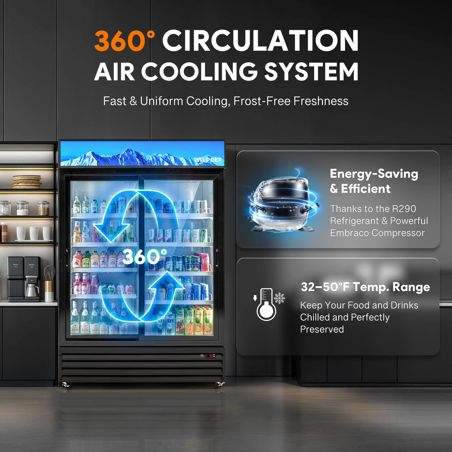 Energy-efficient 52.4" commercial cooler and display refrigerator with 360° air cooling system, no frost buildup, LED control panel, and Low-E glass providing clear view and temperature stability.