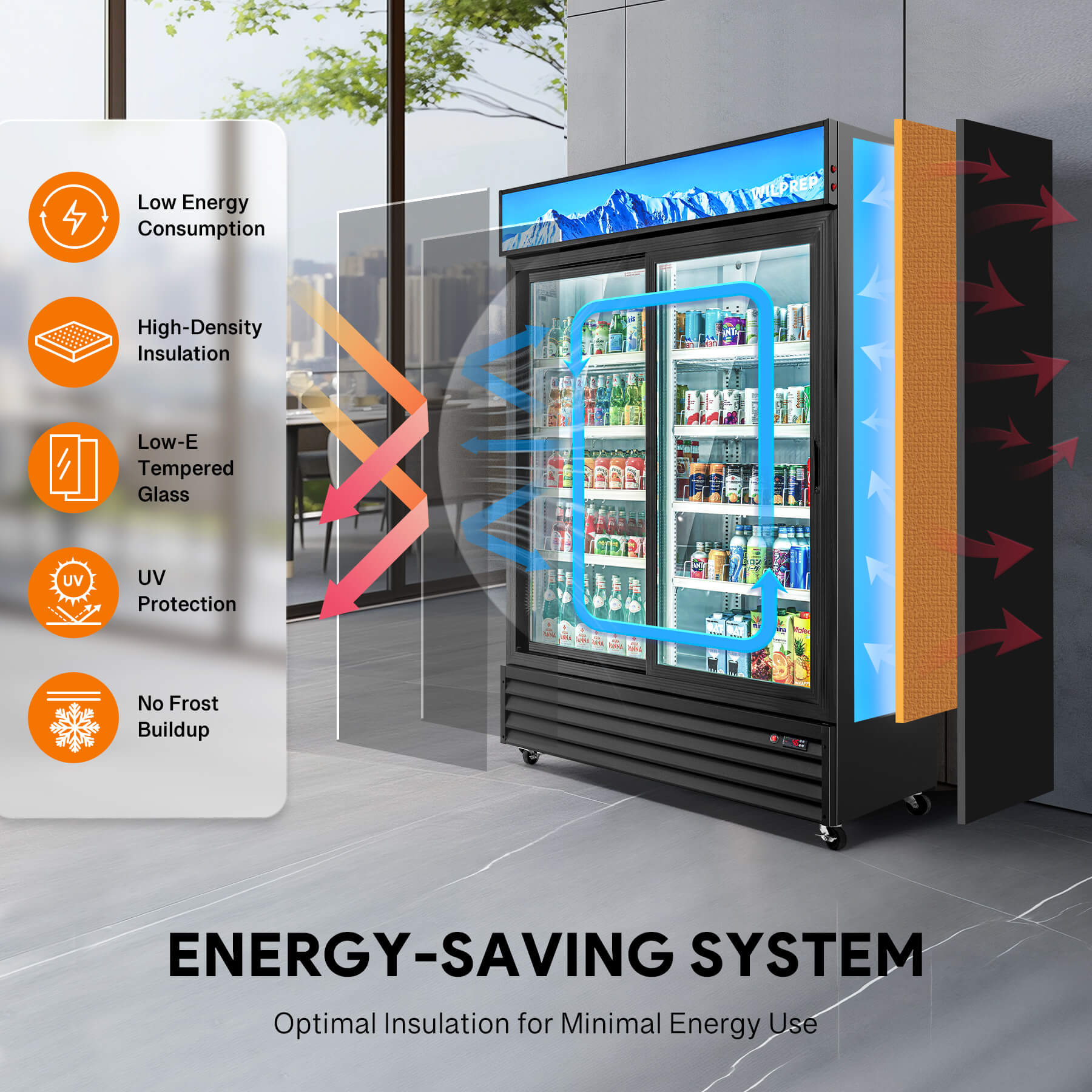 Energy-efficient 52.4" commercial cooler and display refrigerator with 360° air cooling system, no frost buildup, LED control panel, and Low-E glass providing clear view and temperature stability.