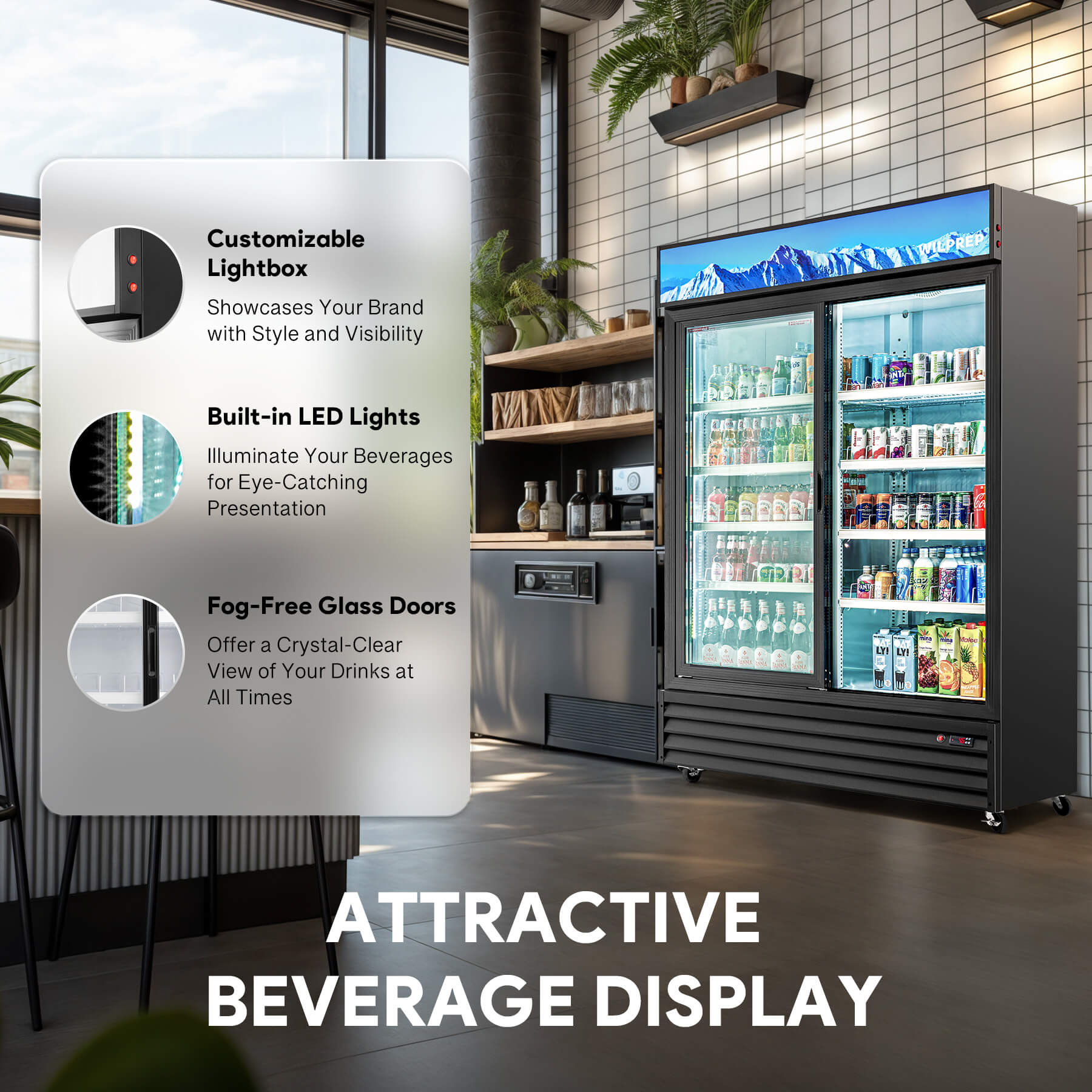 52.4-inch commercial display refrigerator with two glass doors and 41.9 cu. ft. capacity, featuring a 360° circulation air cooling system for fast and uniform cooling, frost-free freshness, low energy consumption, and UL-certified efficiency for cafés and supermarkets.