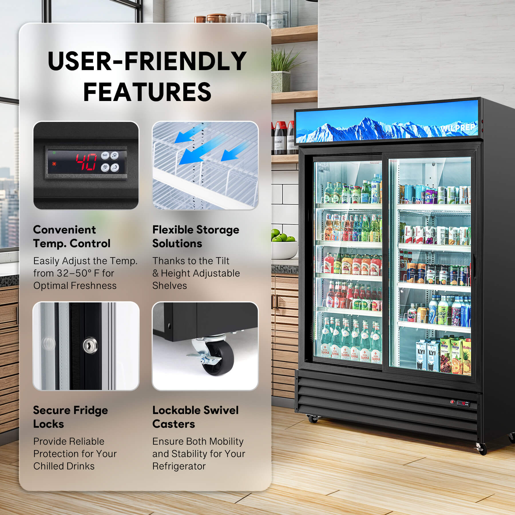 Two-door professional refrigerator designed for commercial use, combining 360° circulation air cooling, energy-saving system, high-density insulation, and UV-protected glass for freshness and reduced energy waste.