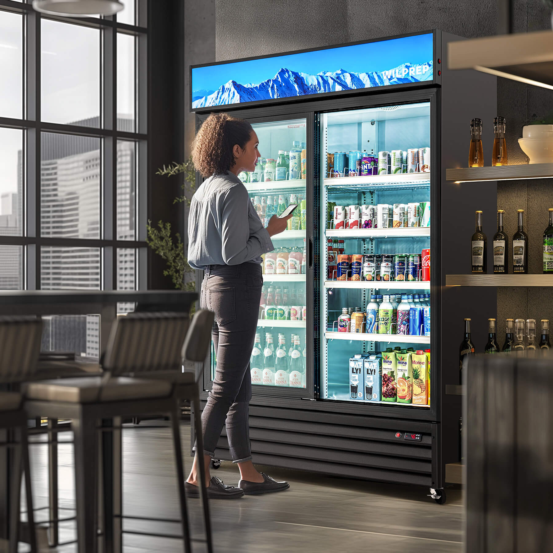 Professional commercial fridge and UL refrigerator with 360° air cooling circulation, Low-E tempered glass doors, UV protection, high-density insulation, and self-closing design ensuring optimal energy savings and product visibility.