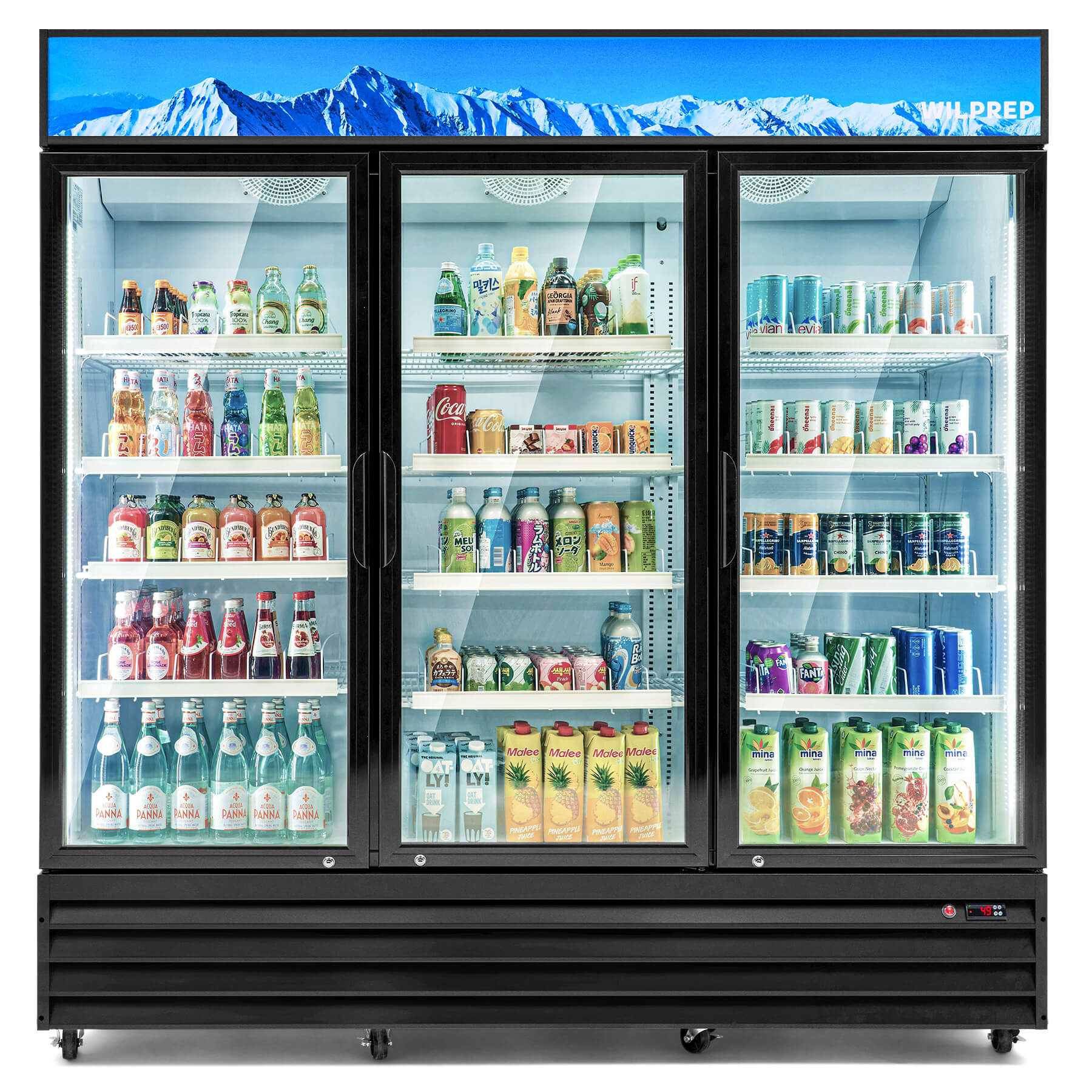 A three-door commercial merchandiser refrigerator with glass doors and multiple shelves visible through the glass, filled with various beverages.