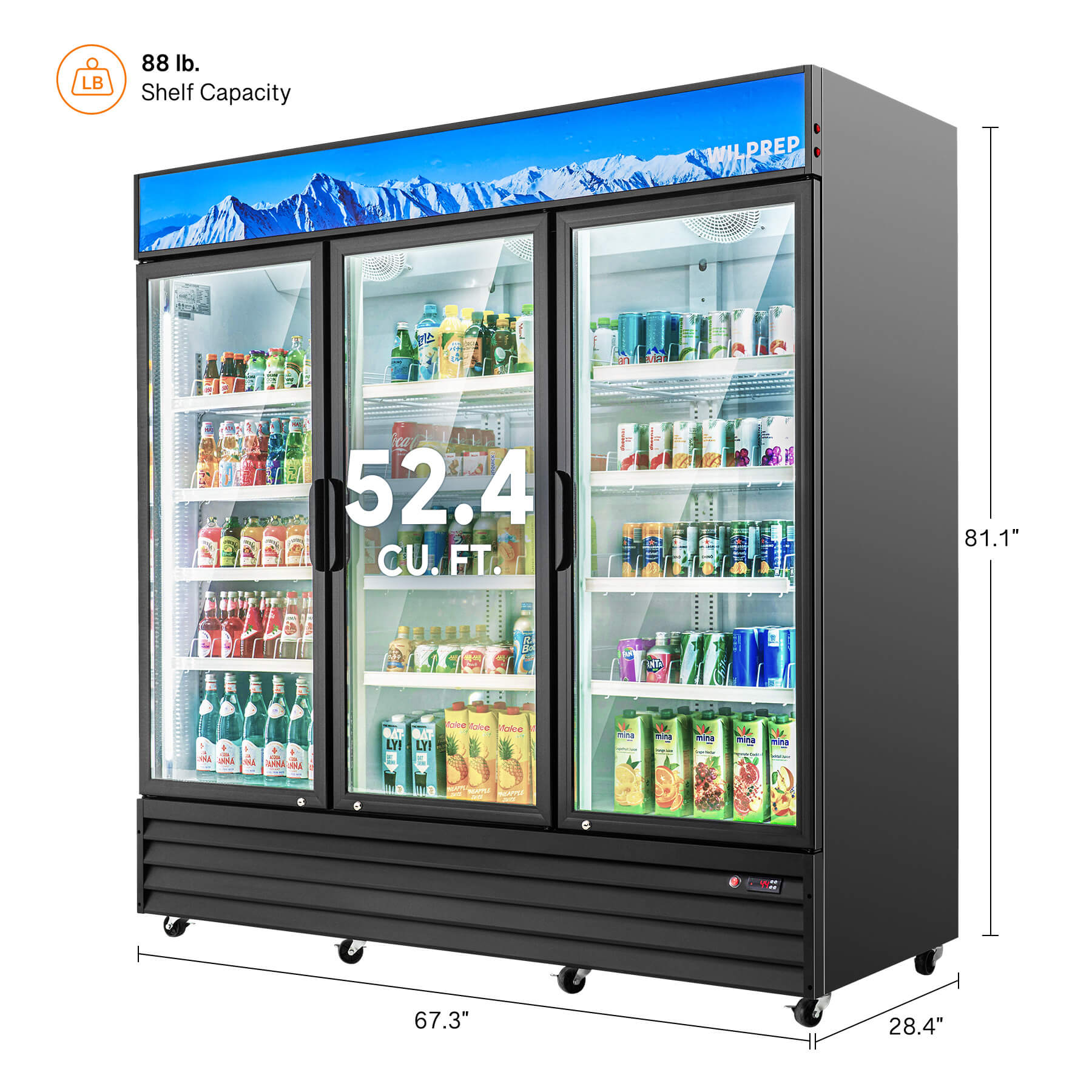 67.3" Commercial Display Refrigerator 3 Glass Door 52.4 cu. ft. Capacity