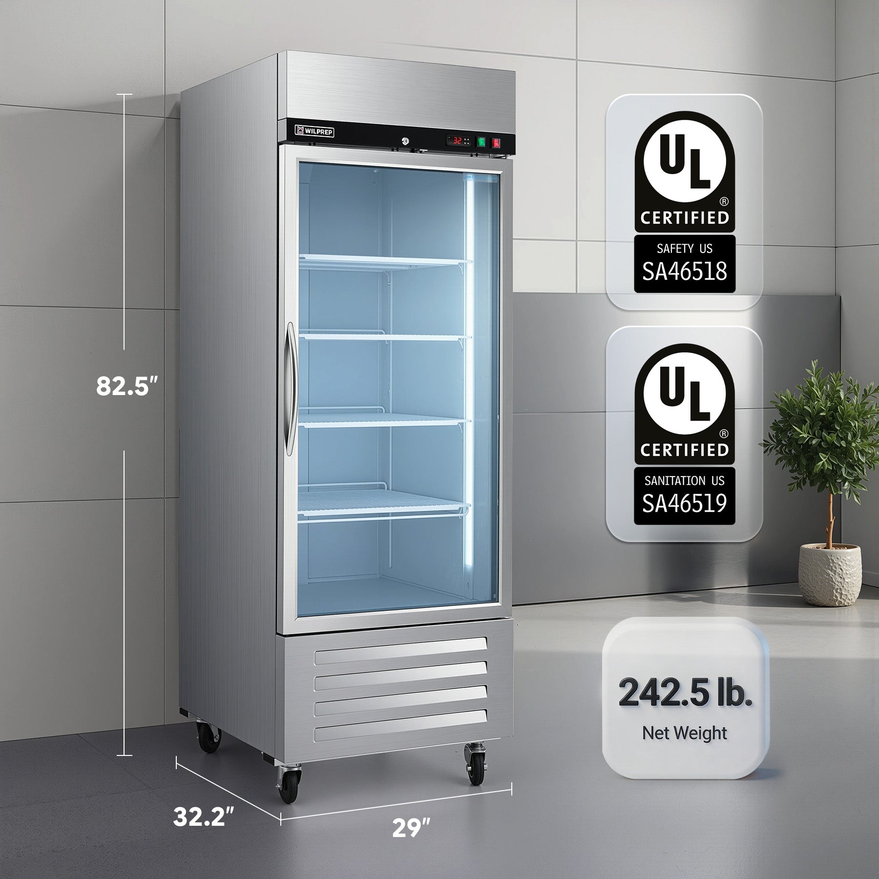 29" Commercial Glass Door Reach-In Refrigerator 23.3 cu. ft. Capacity