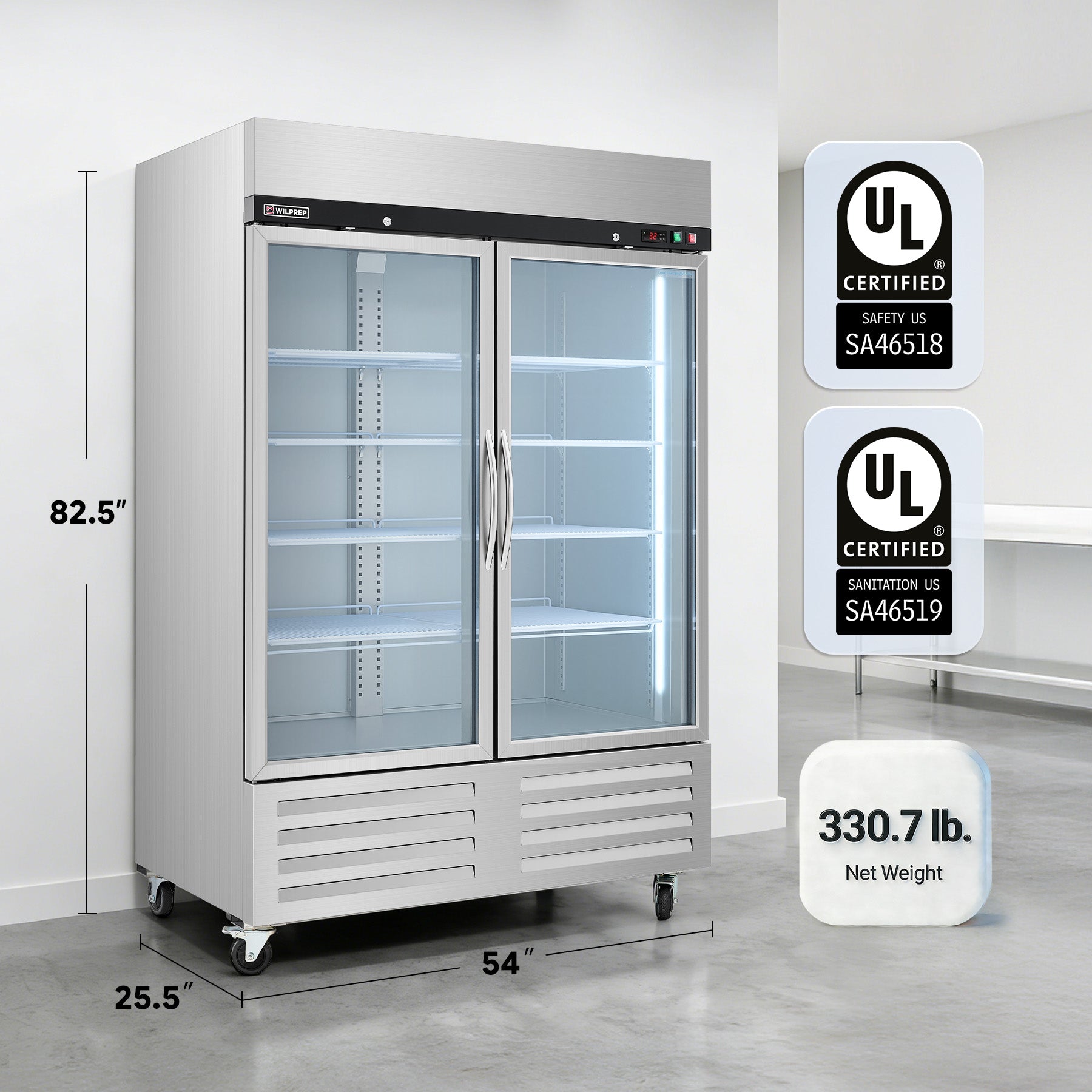 54" Double Glass Door Reach-In Refrigerator, 35.5 cu. ft., UL Certified