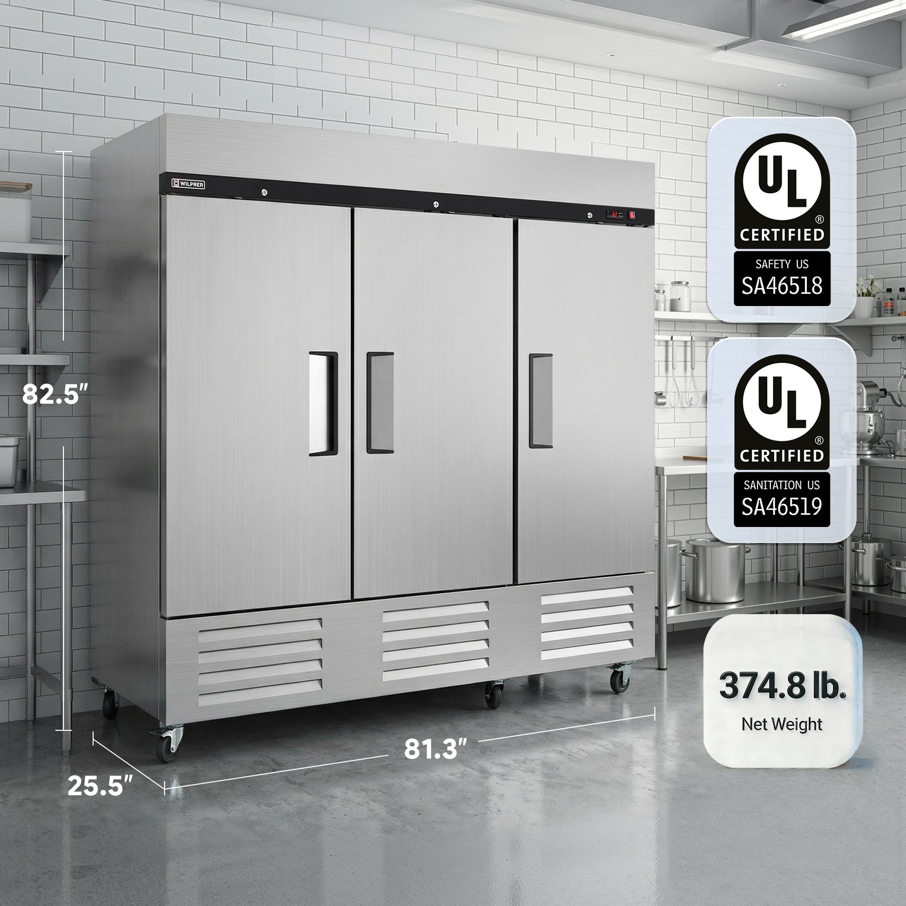 81" Triple Solid Door Reach-In Refrigerator, 54.9 cu. ft., UL Certified