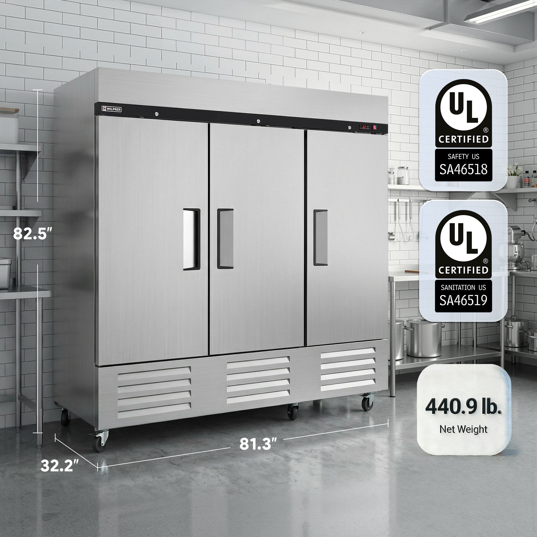 81" three section solid door reach-in refrigerator 72.8 cu. ft. Capacity