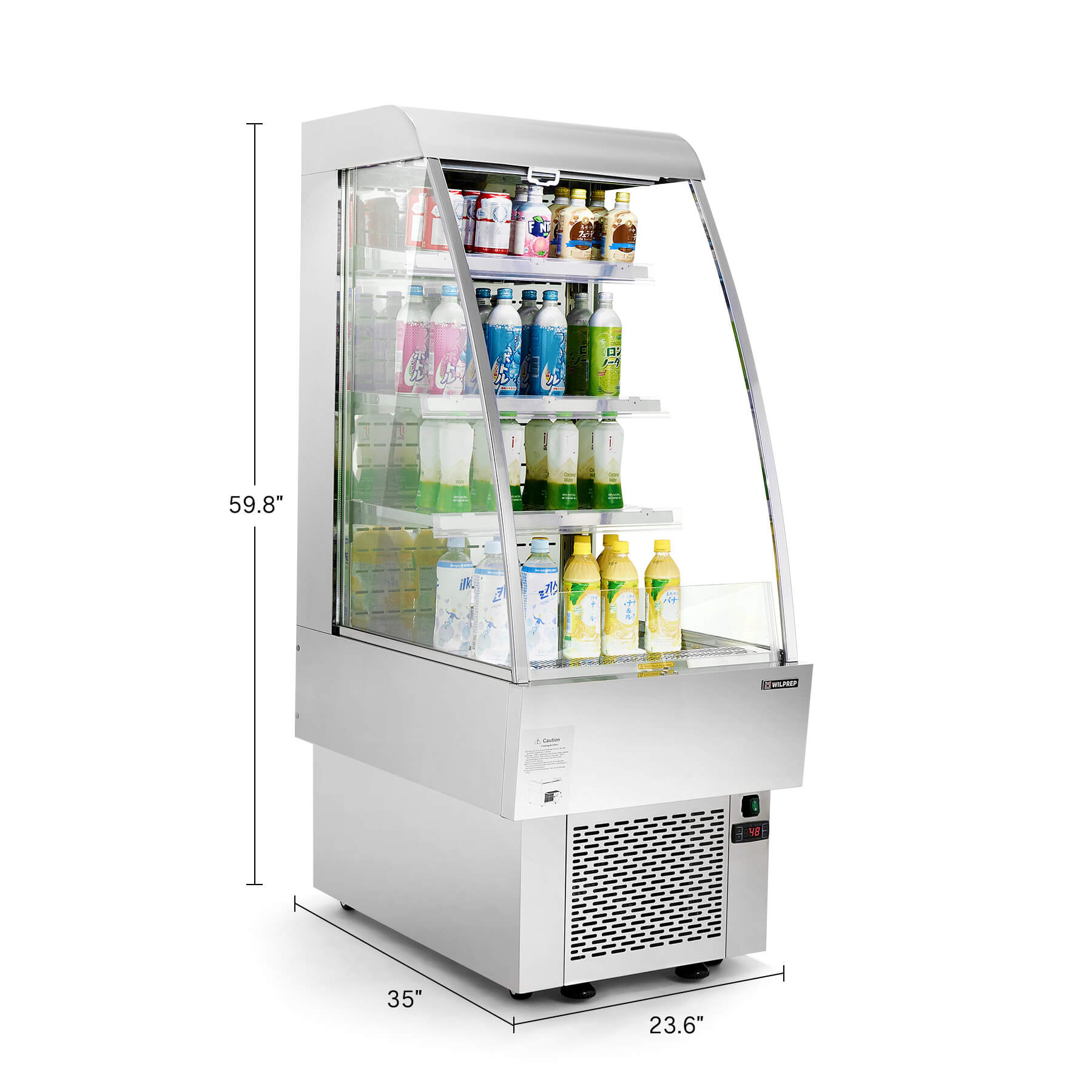 24-inch black vertical air curtain commercial refrigerator with LED control panel, adjustable shelves, and wire tube condenser for efficient heat transfer, UL certified for reliable commercial use in cafés and convenience stores.