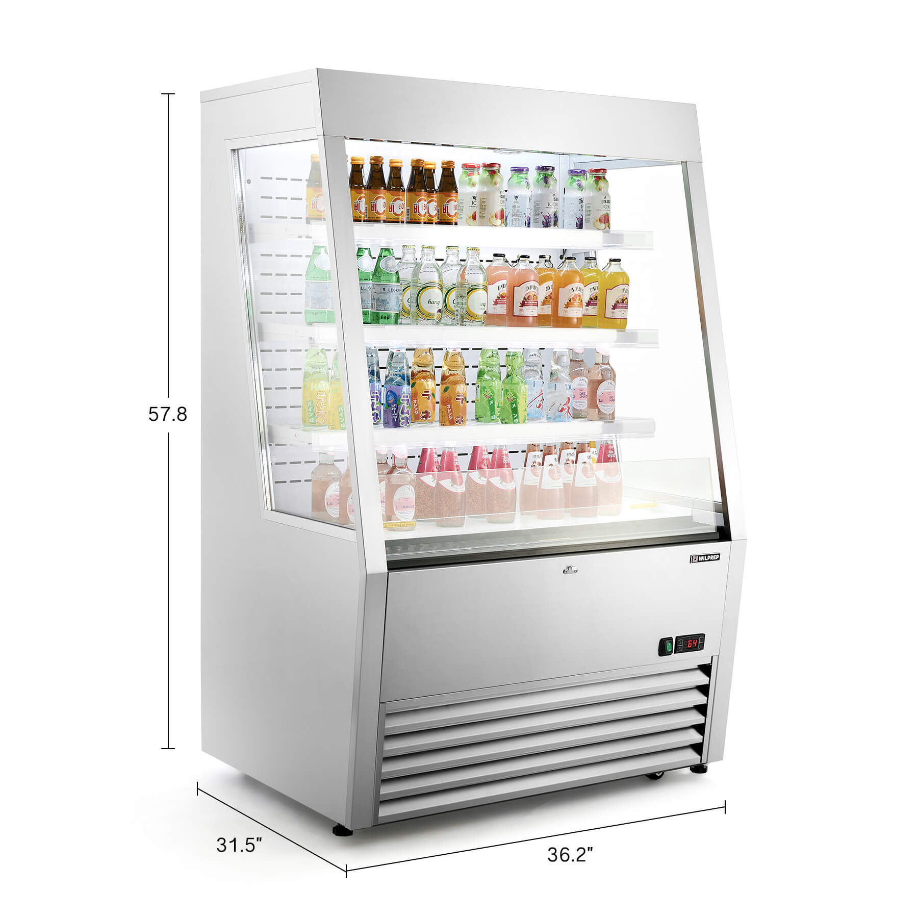 36-inch black vertical air curtain commercial refrigerator with LED control panel, adjustable shelves, wire tube condenser for efficient heat transfer, and UL certification, ideal for cafés, convenience stores, and grocery displays.
