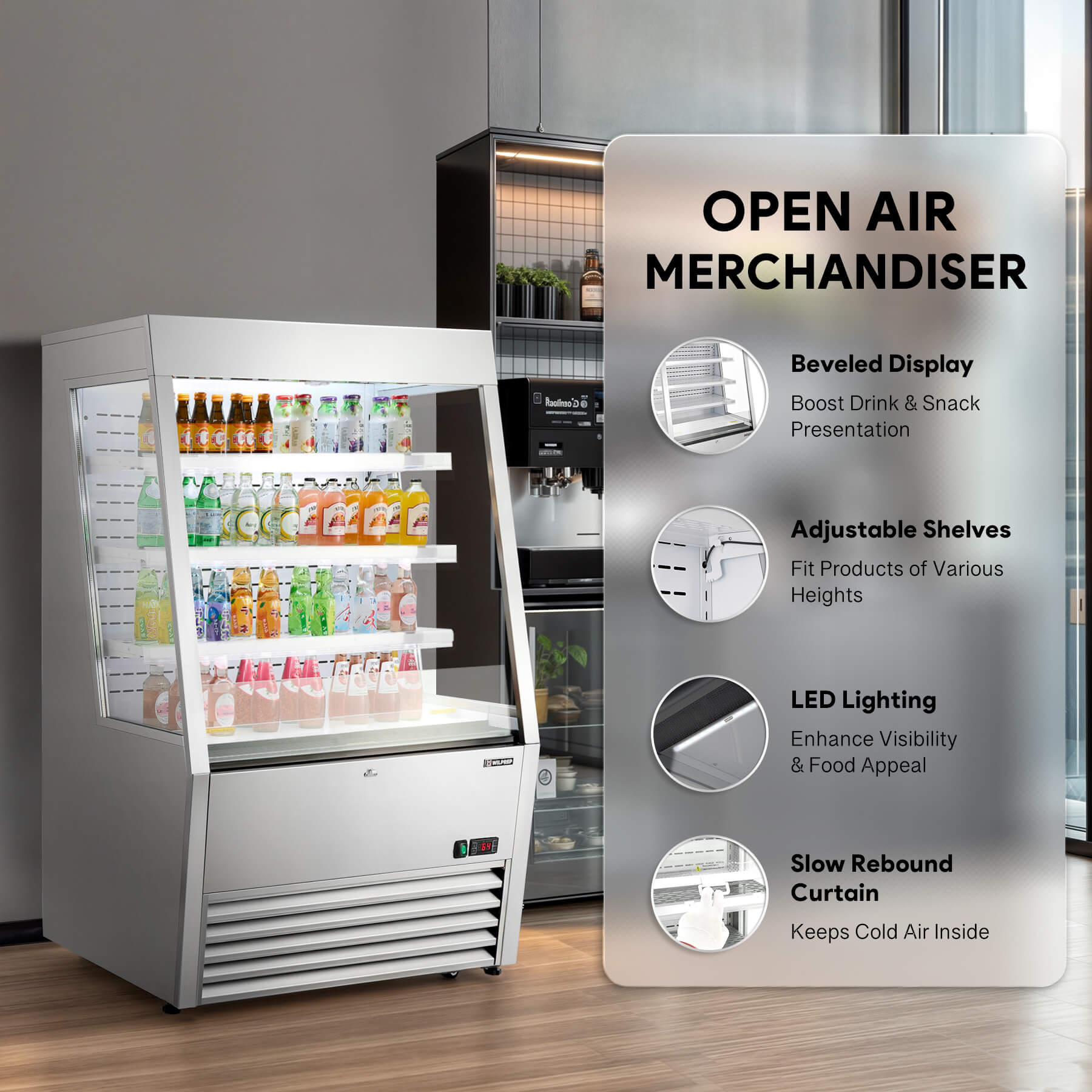 36-inch commercial fridge and display refrigerator with UL certification, LED control panel, adjustable shelving, and wire tube condenser to maintain efficient cooling and product freshness.