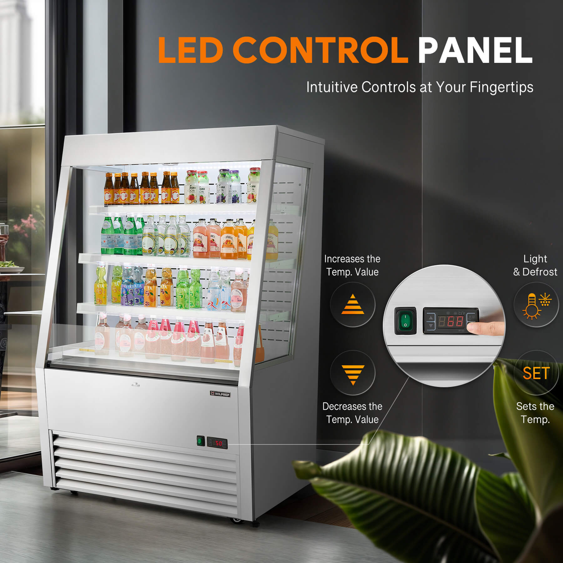 White air curtain professional refrigerator with 12.2 cu. ft. volume, LED control panel, adjustable shelves, and wire tube condenser for reliable heat transfer, designed for multi-scene commercial use.