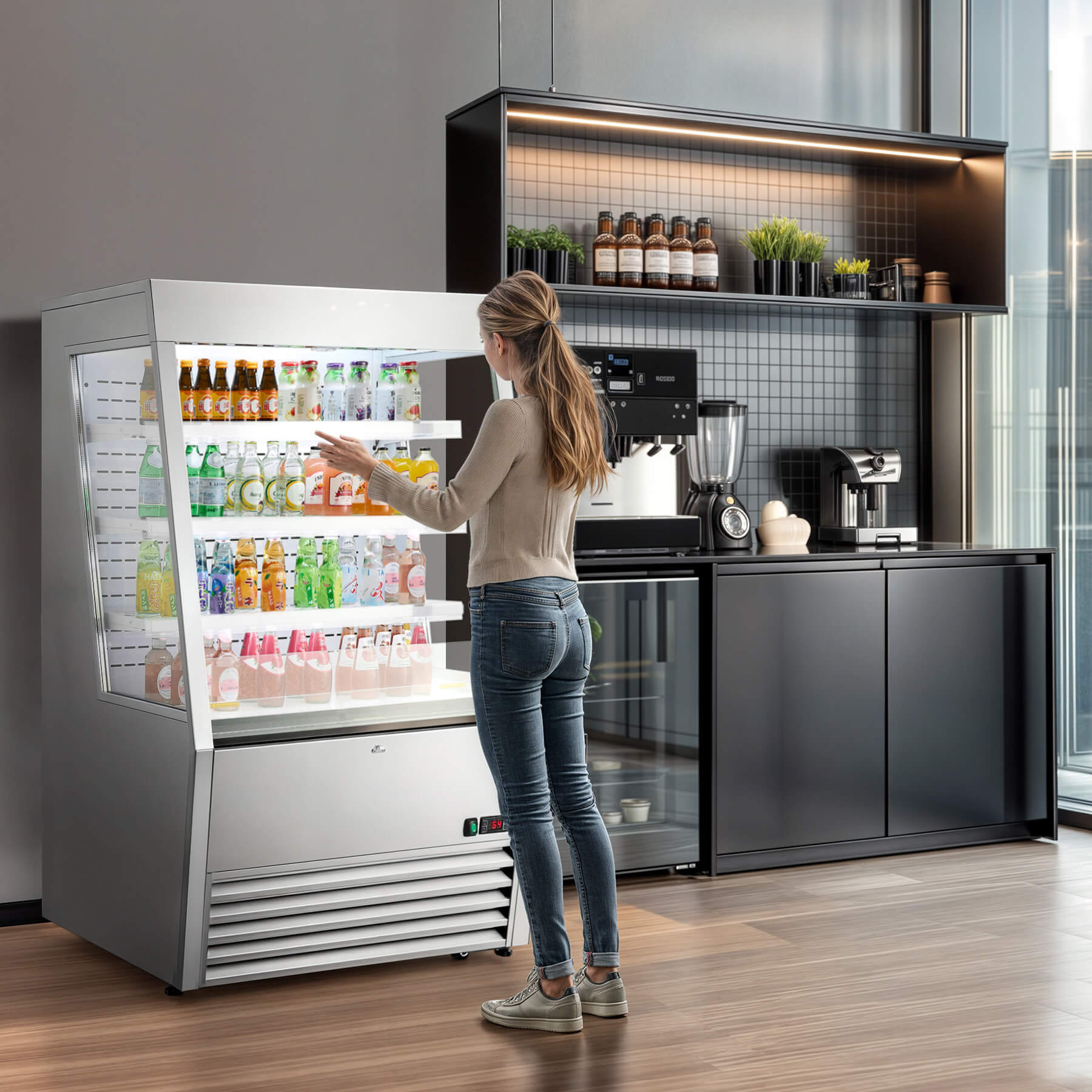 White air curtain professional refrigerator with 12.2 cu. ft. volume, LED control panel, and adjustable shelves, designed for multi-scene commercial use.