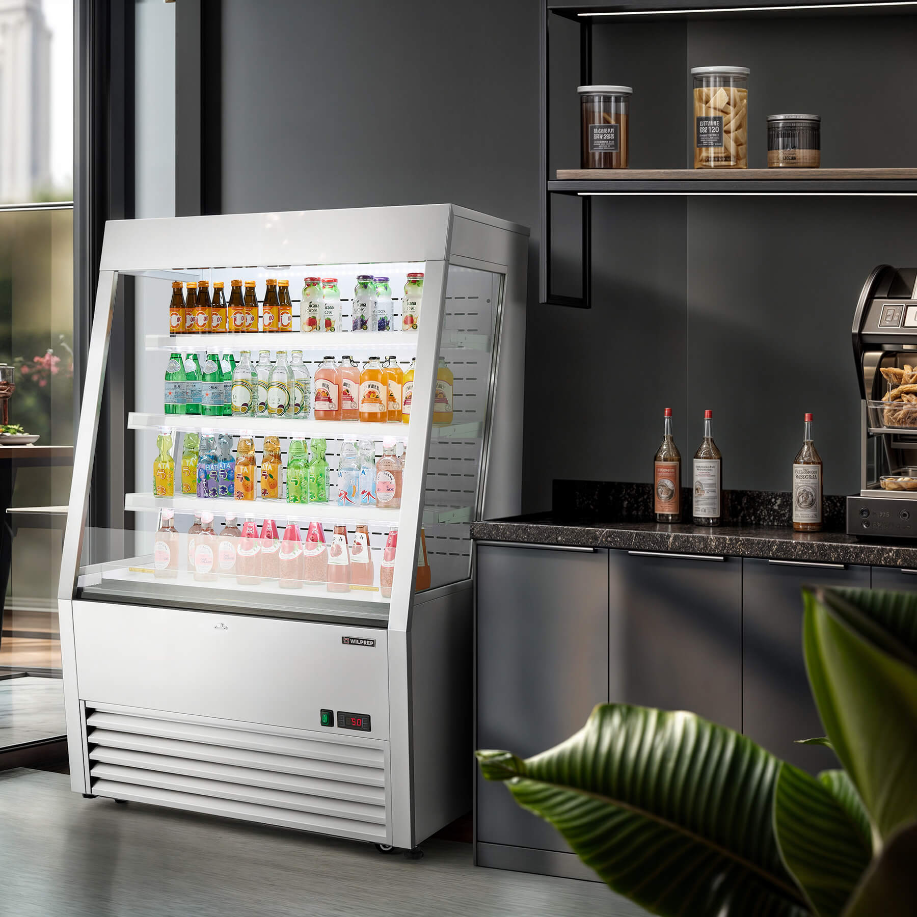 Energy-efficient 36" commercial cooler and UL refrigerator with LED control panel and adjustable shelf height, perfect for beverage, dairy, or food display.
