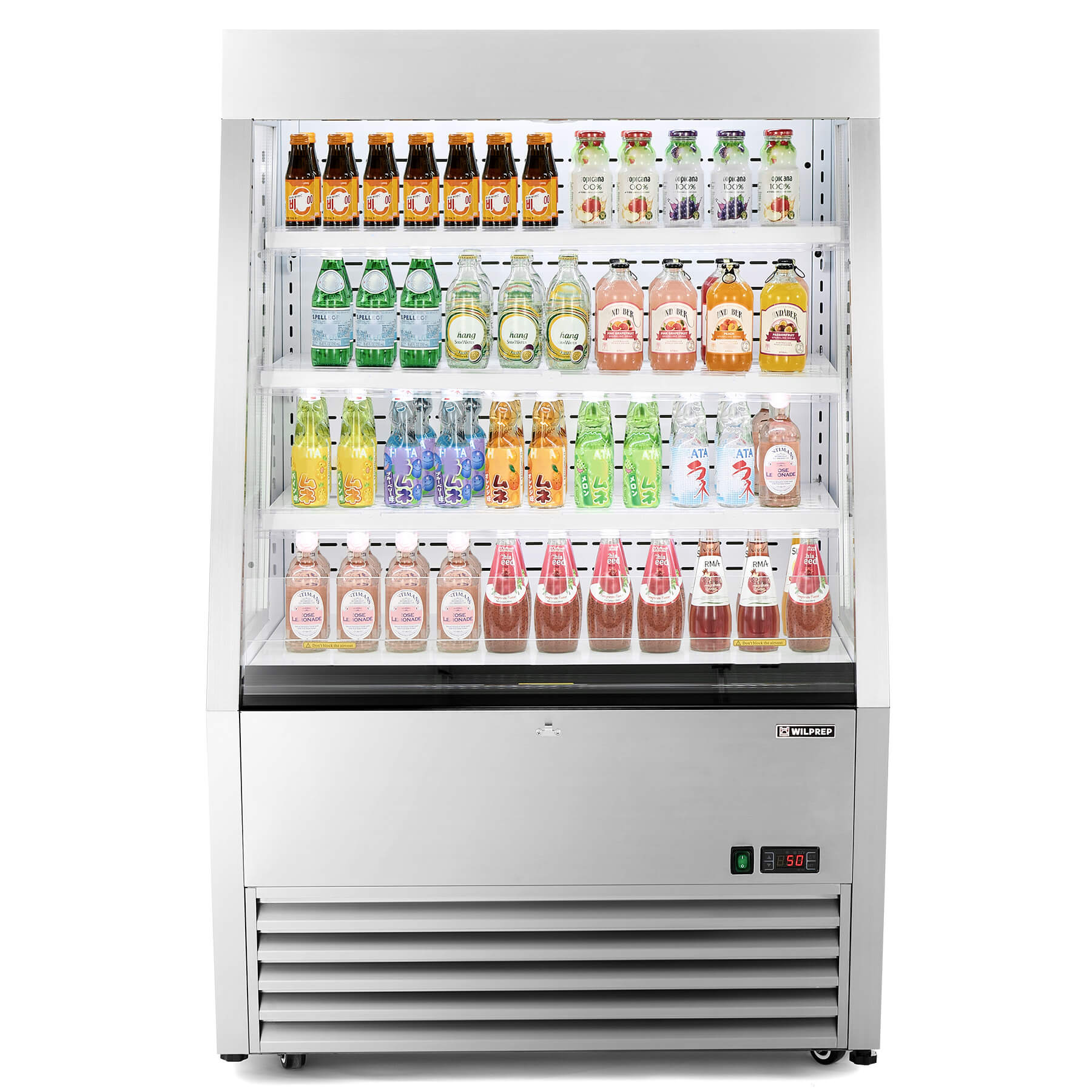 A vertical air curtain merchandiser with multiple shelves displaying a variety of beverages and food items, constructed from stainless steel with glass panels.