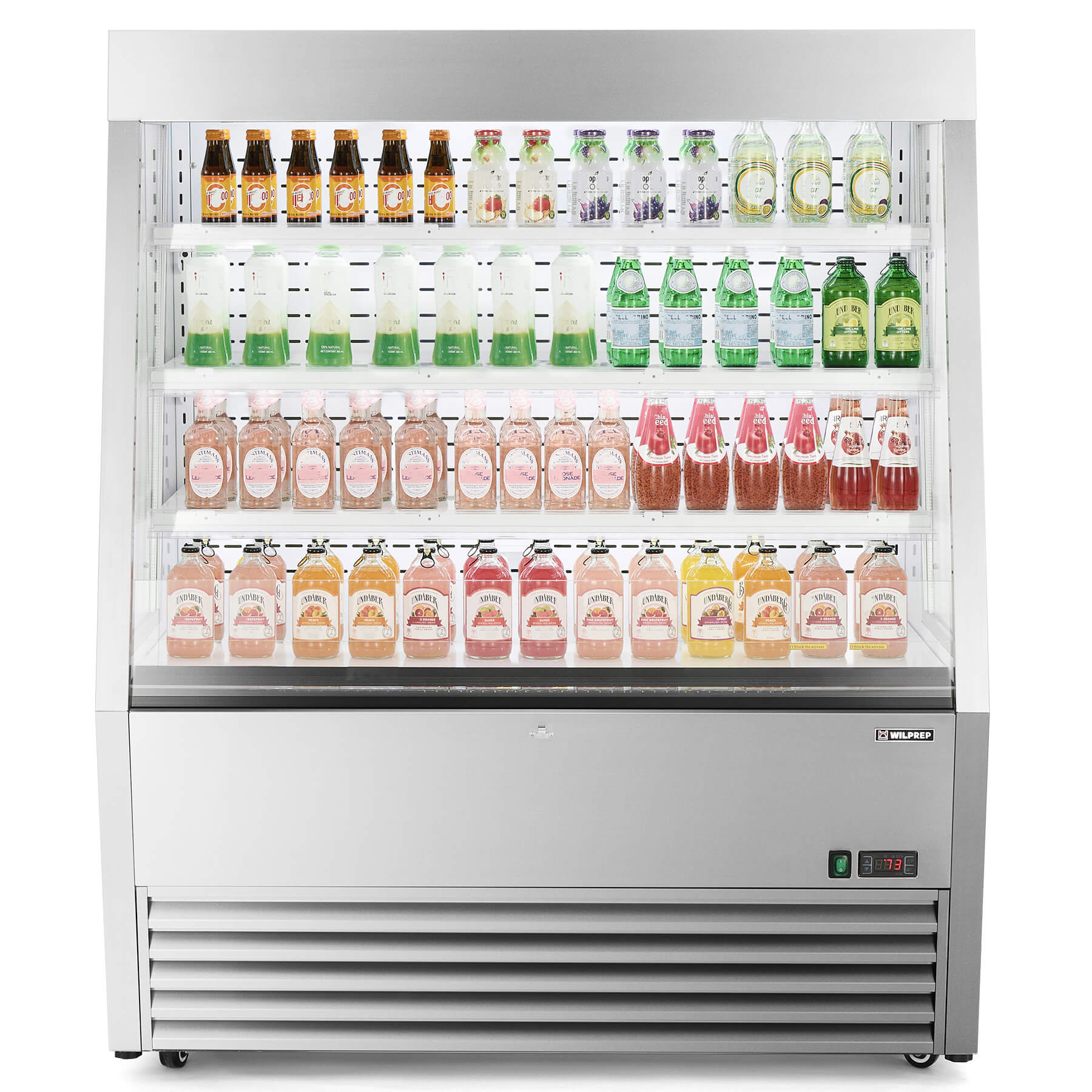 Vertical open-air merchandiser refrigerator with multiple shelves displaying bottles and cans, illuminated by LED lights inside a stainless steel frame.