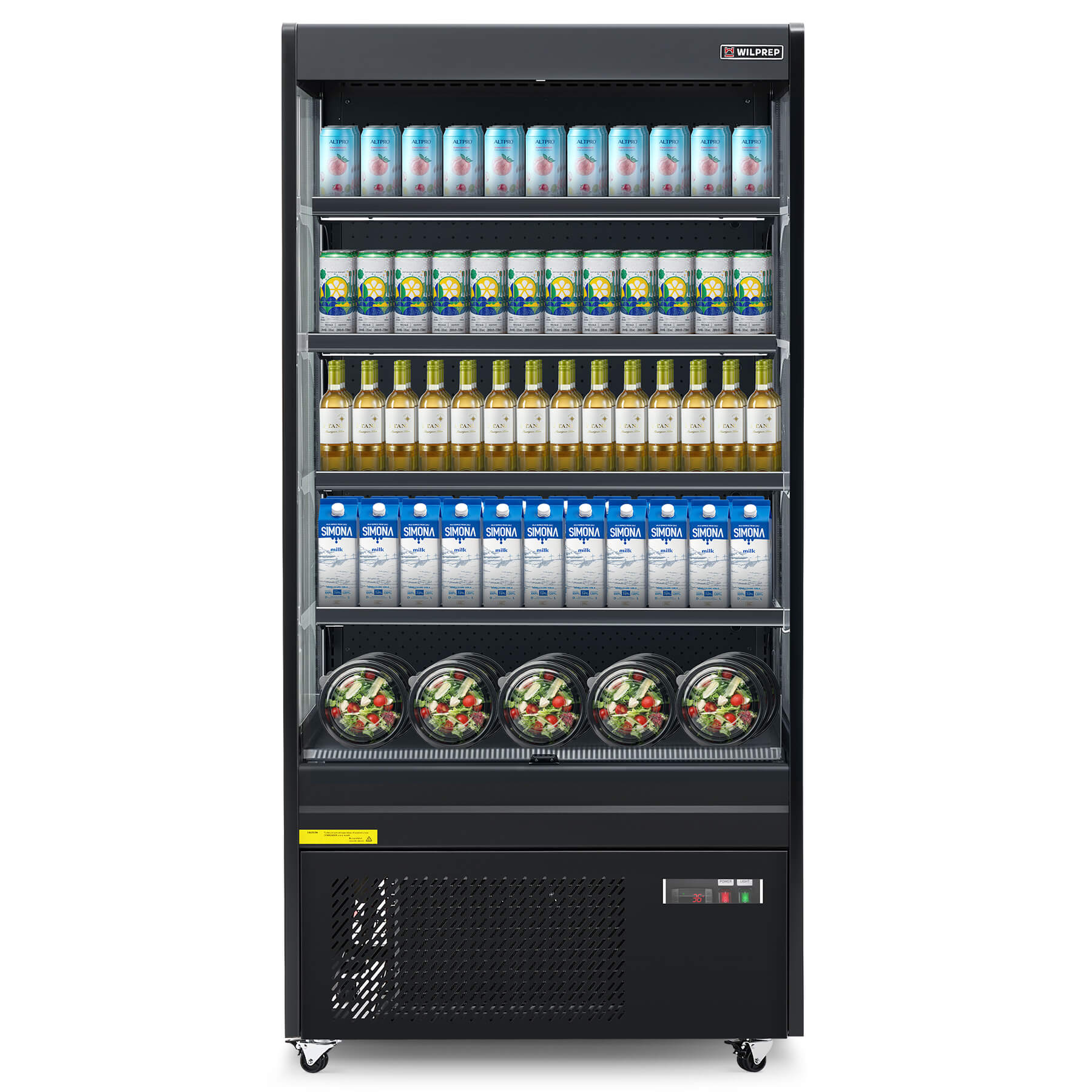 A black vertical air curtain merchandiser with LED-lit shelves displaying bottled beverages and packaged snacks.