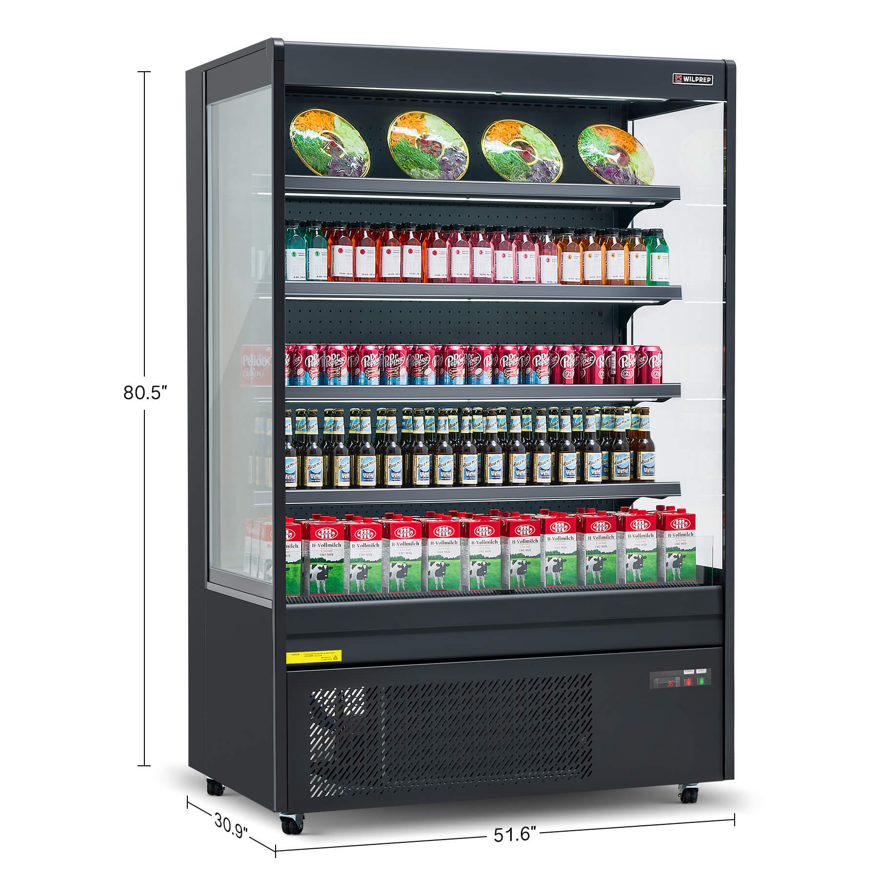 Black air curtain professional refrigerator, LED control panel, and adjustable shelves, designed for multi-scene commercial applications.