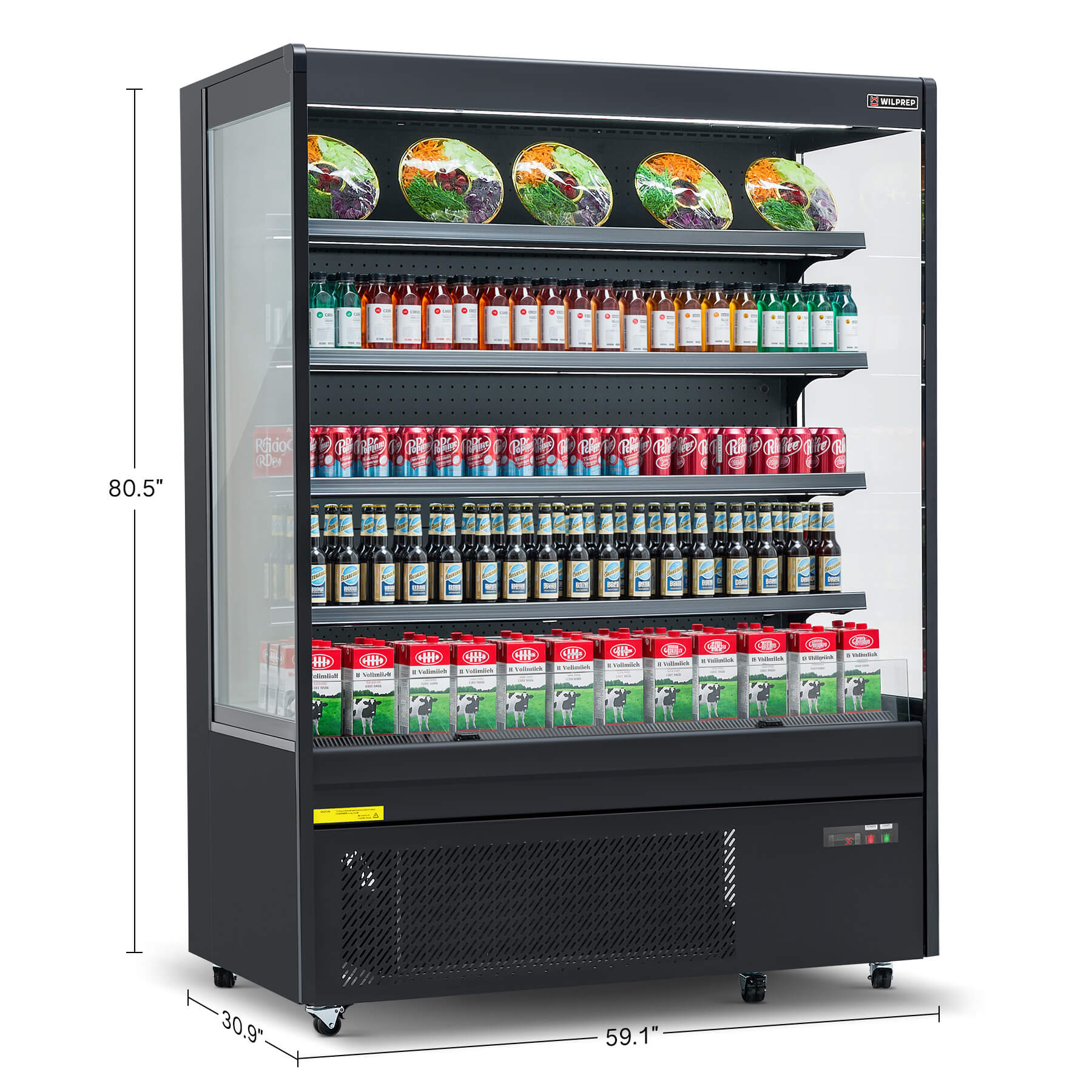 Commercial fridge and display refrigerator with 22.2 cu. ft. volume, LED control lighting, adjustable height shelves, and open-air front design ideal for supermarkets, bakeries, or cafés.
