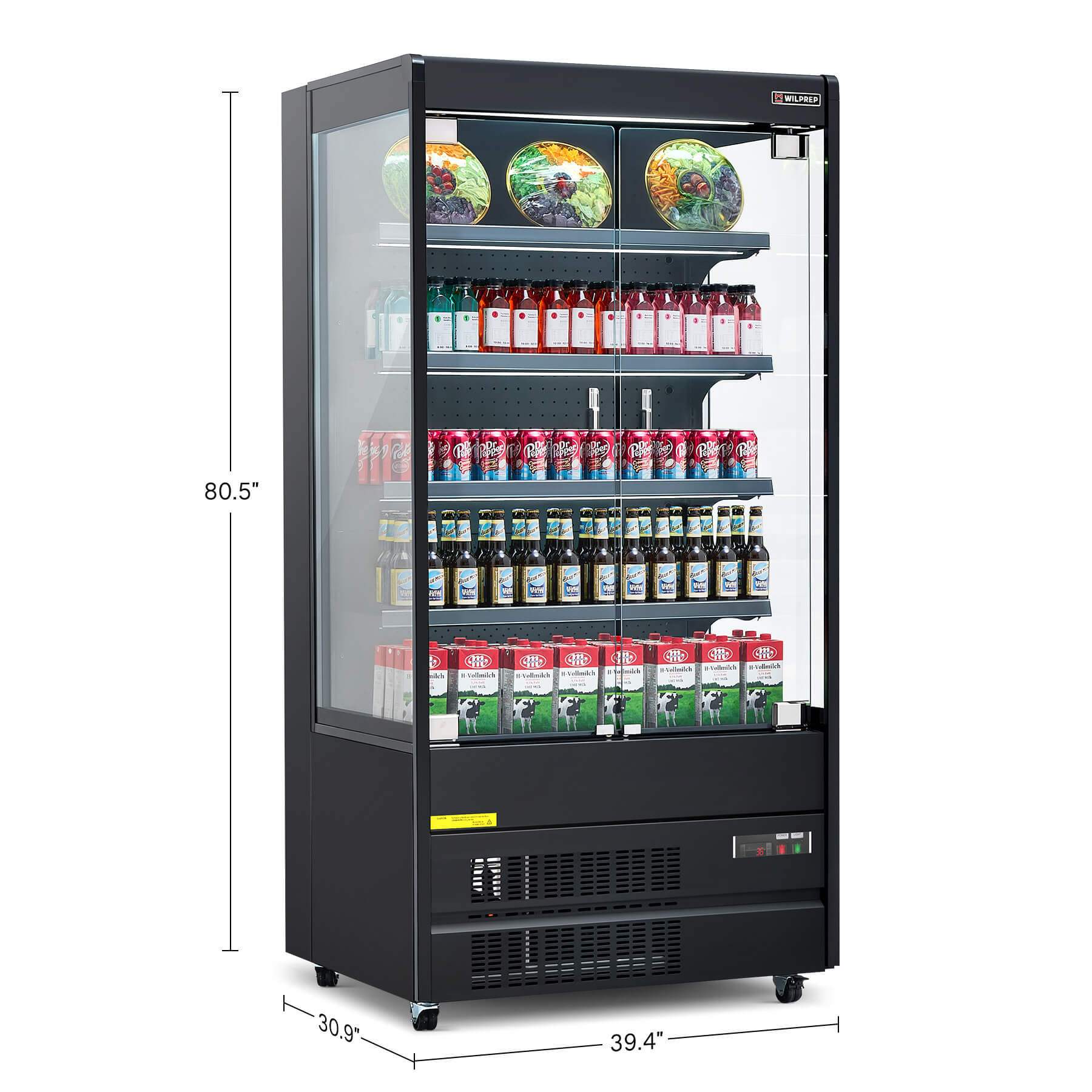 Glass door display fridge with adjustable shelves