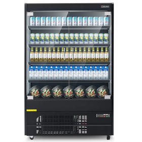 A 51" black three-sided glass display refrigerator filled with bottles on shelves, equipped with digital controls at the bottom.