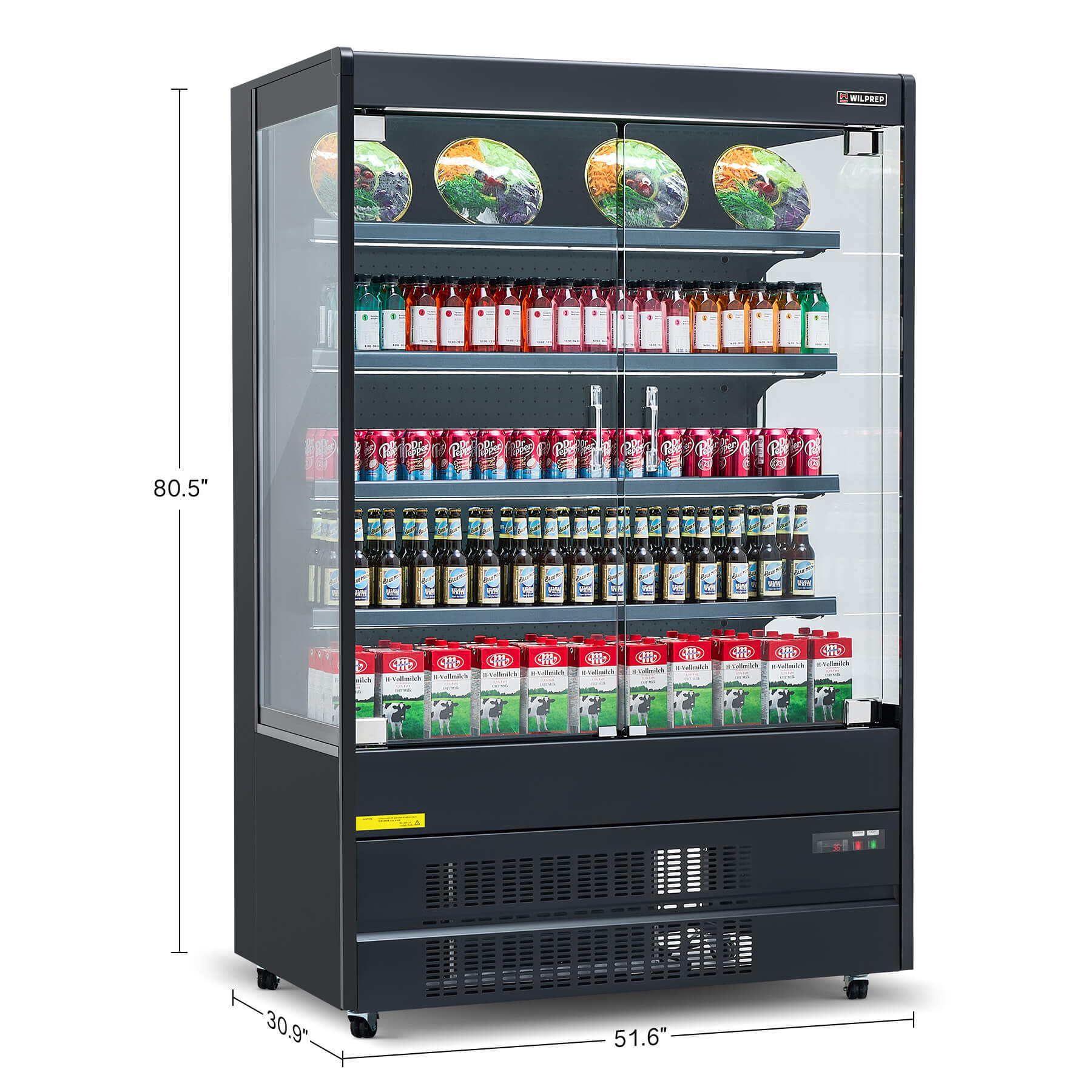 Wilprep glass door merchandiser with adjustable shelves, LED lighting for enhanced visibility, swing glass doors to reduce energy waste, shelf label strips, and perforated back panel for efficient cooling and airflow.
