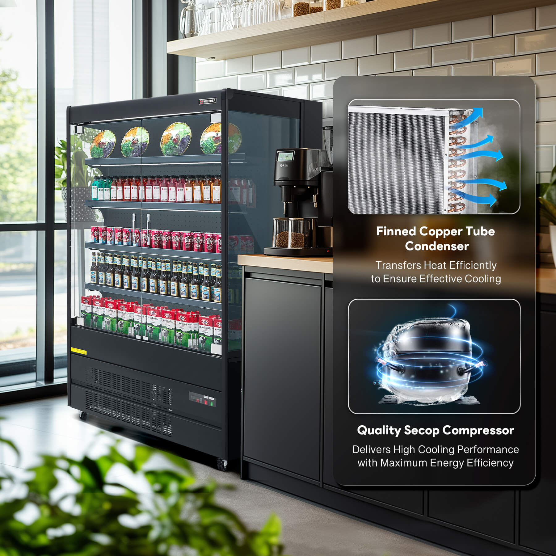 Efficient cooling system with finned copper tube condenser and Secop compressor on 76-inch black glass display refrigerator.