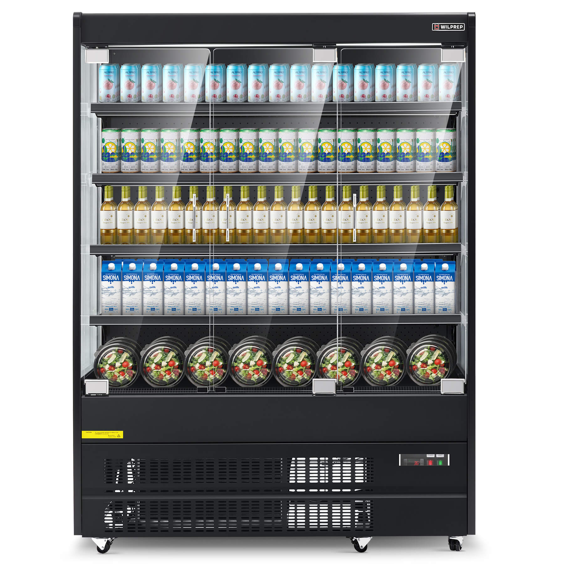 A 59" black three-sided glass display refrigerator with LED-lit shelves, filled with a variety of bottled beverages and snacks.