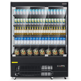 A 59" black three-sided glass display refrigerator with LED-lit shelves, filled with a variety of bottled beverages and snacks.
