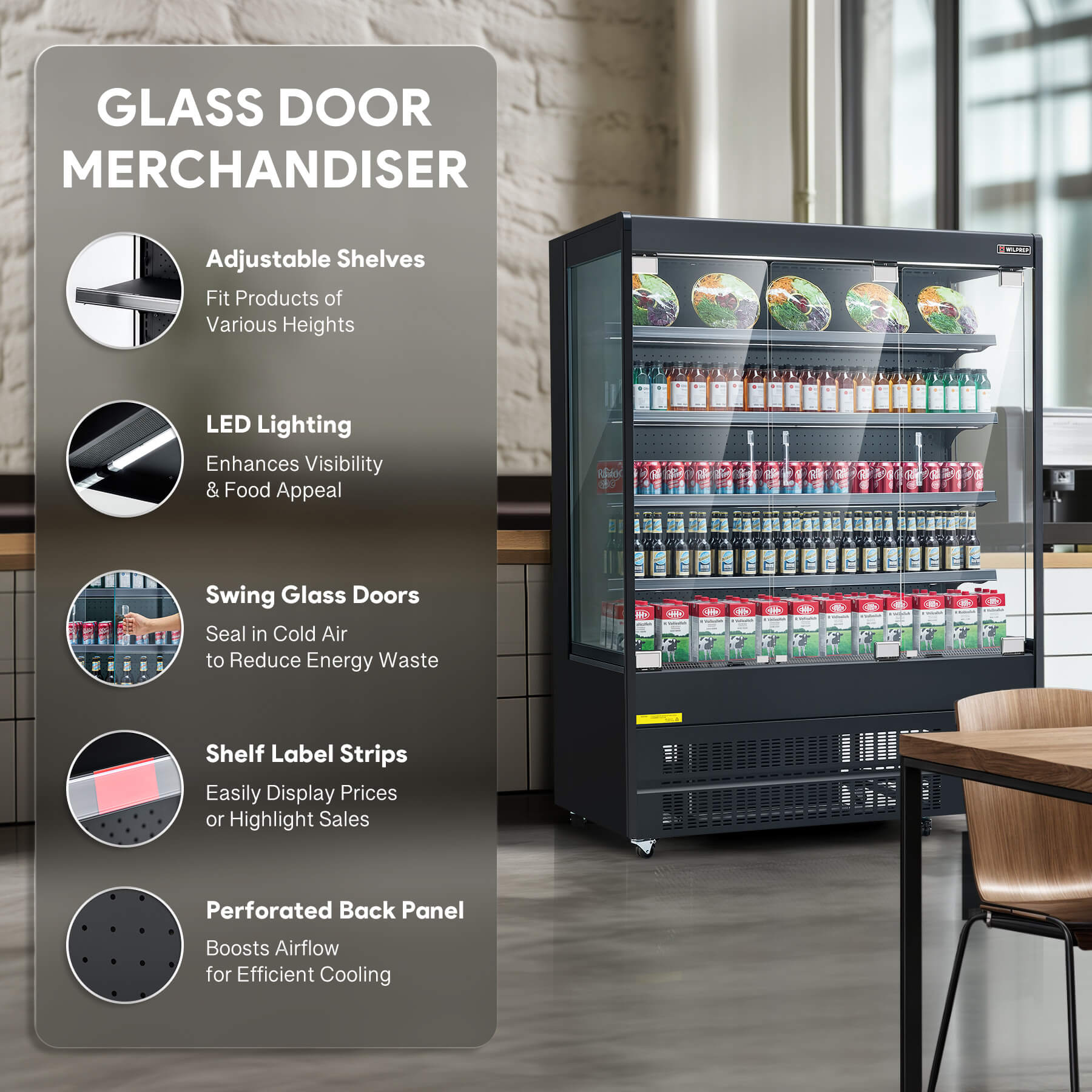 Glass door display fridge with adjustable shelves, LED lighting, swing doors, and perforated back panel for better airflow.