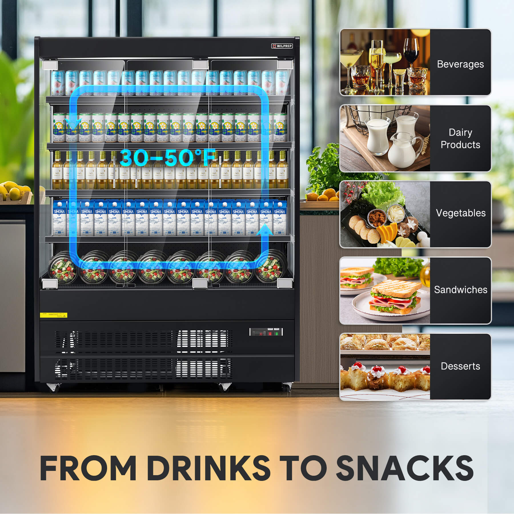 Multi-purpose glass display refrigerator for drinks, dairy, vegetables, and desserts.