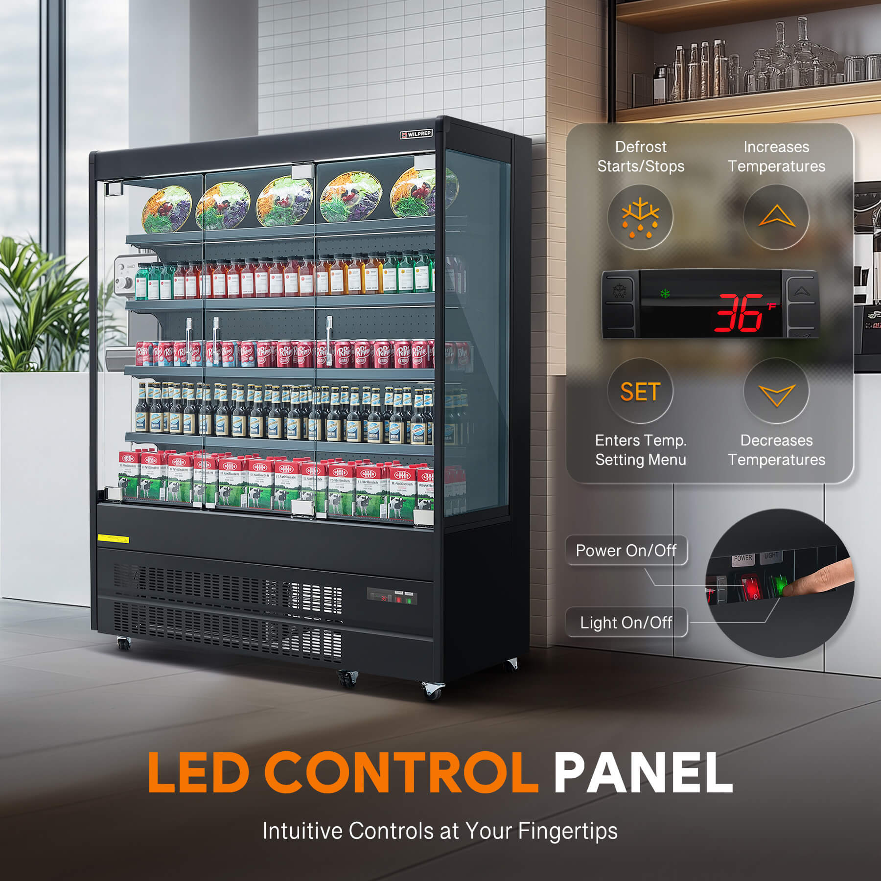 LED control panel with intuitive, easy-to-use settings for display refrigerator.