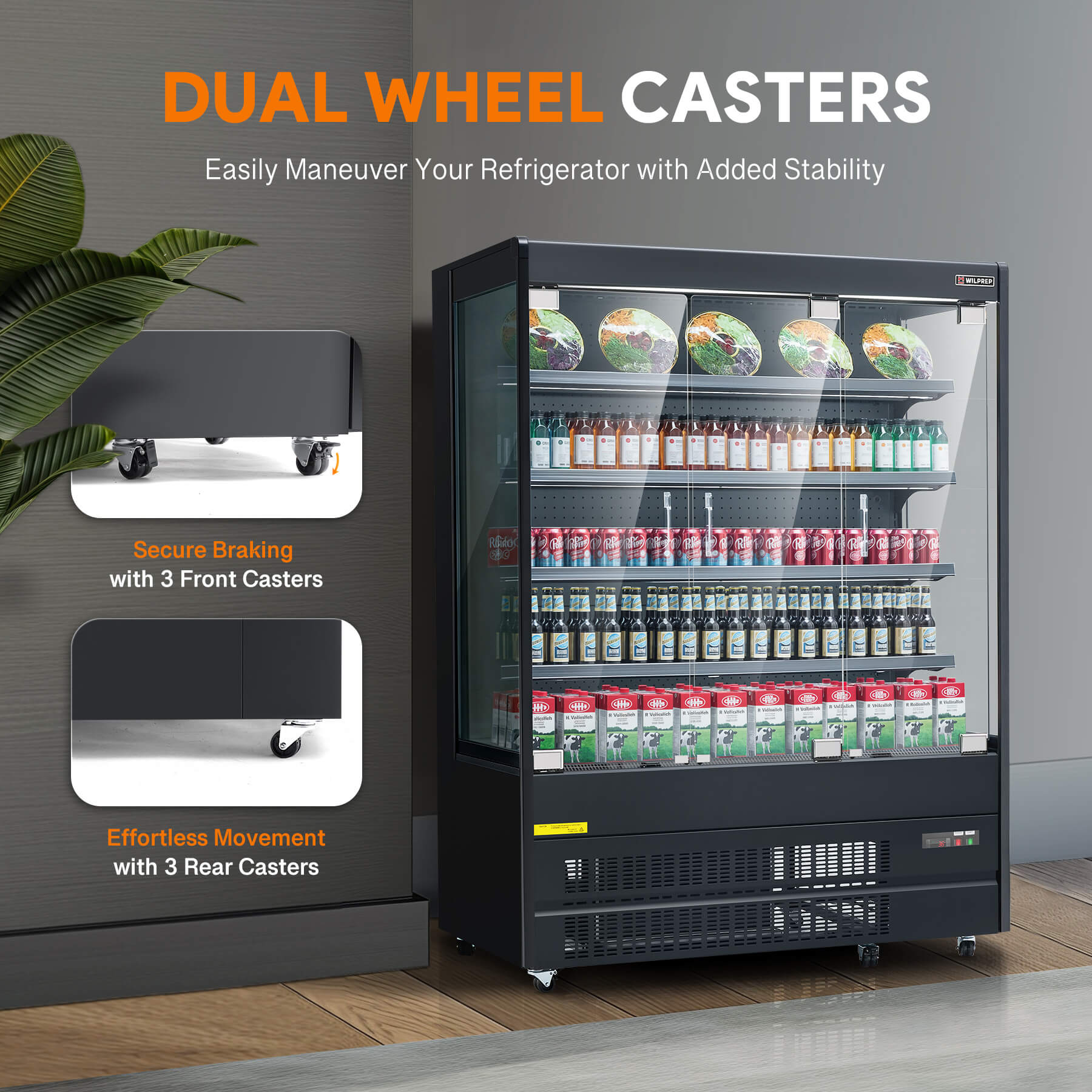 Dual wheel casters with secure front brakes and smooth rear movement for easy refrigerator mobility.