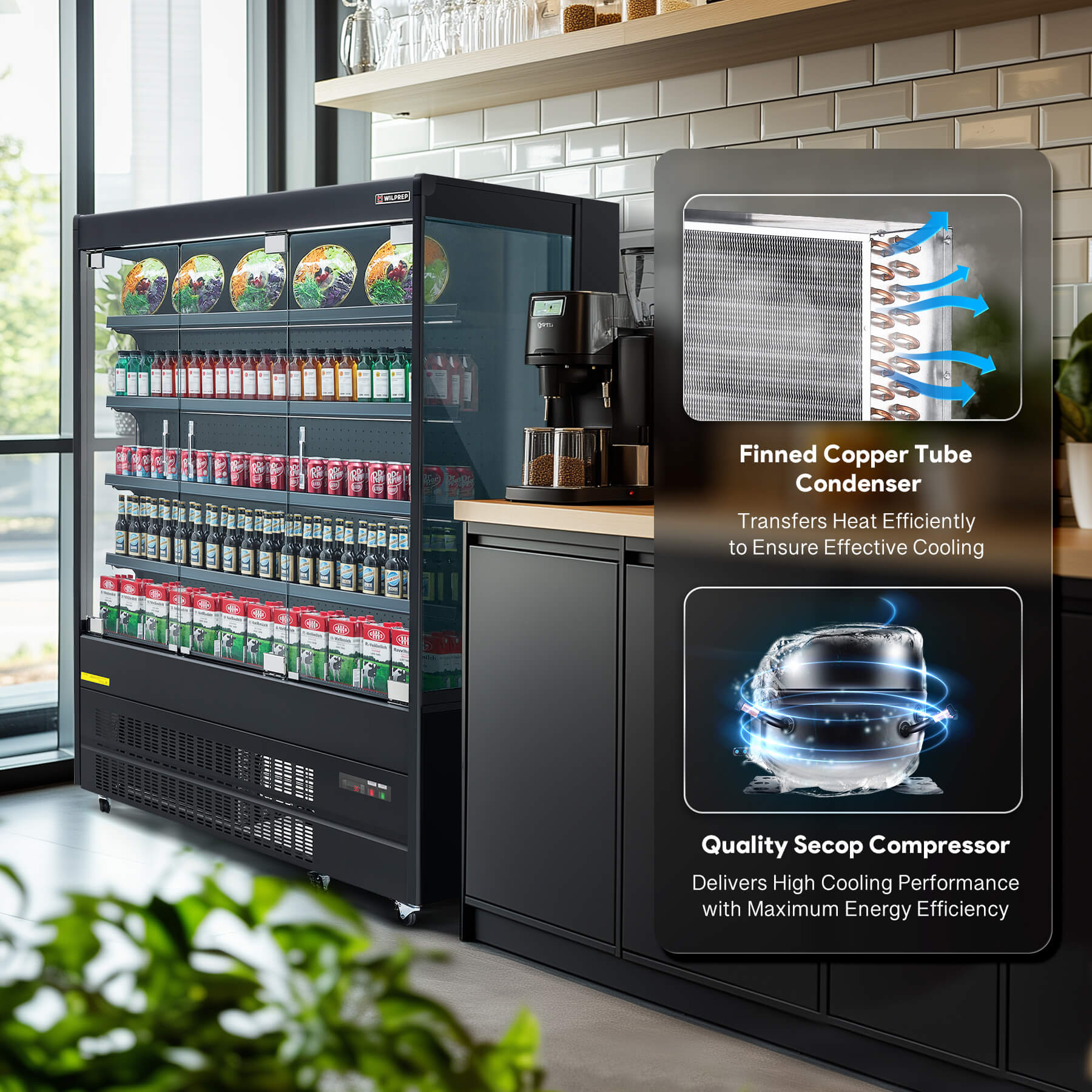 Efficient cooling system with finned copper tube condenser and Secop compressor on  glass display refrigerator.