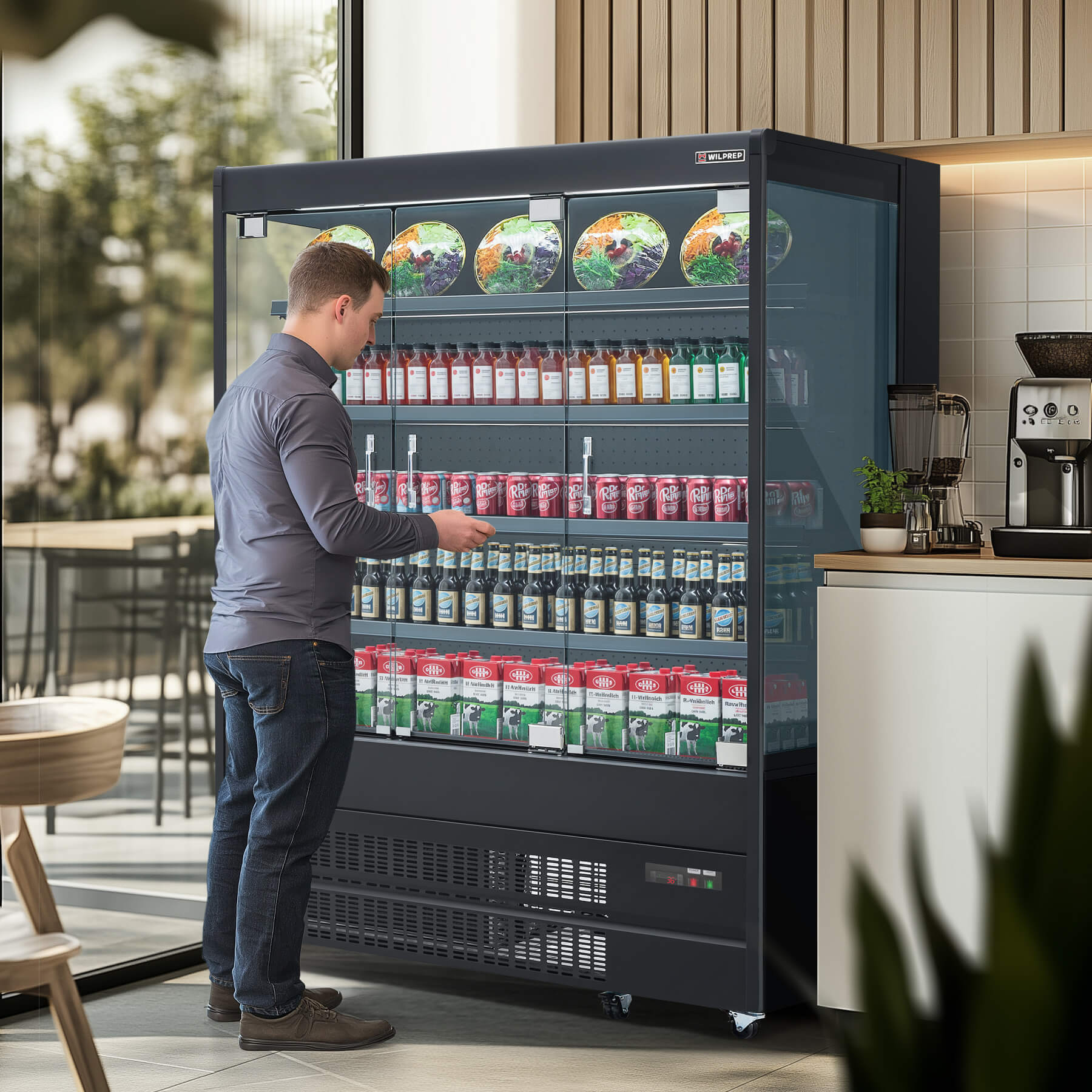 Black 3 Sided Glass Display Refrigerator in use
