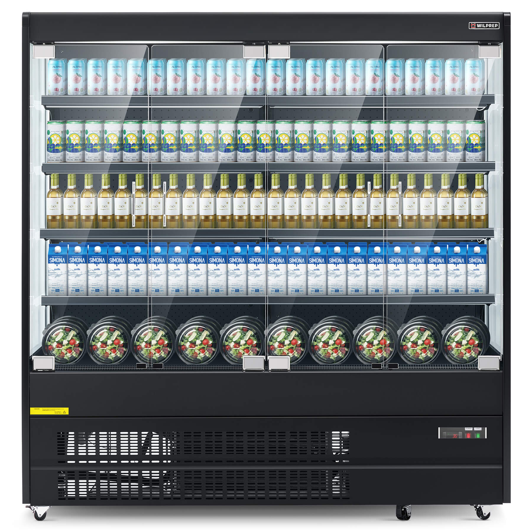 A black 3 sided glass display refrigerator filled with beverages, showcasing LED-lit shelves and digital temperature controls.
