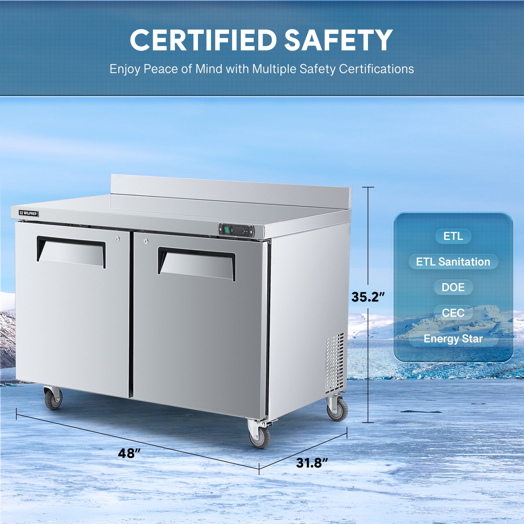 Wilprep 48 inch undercounter worktop refrigerator etl safety
