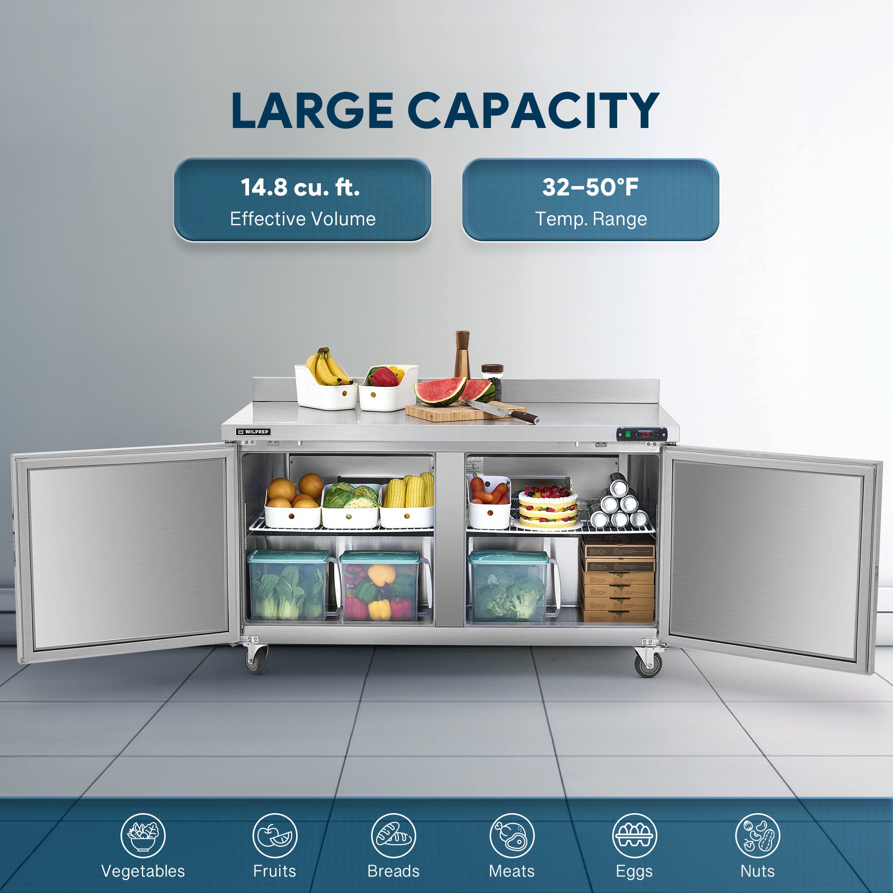 Professional kitchen undercounter refrigerator with organized shelving for food ingredients
