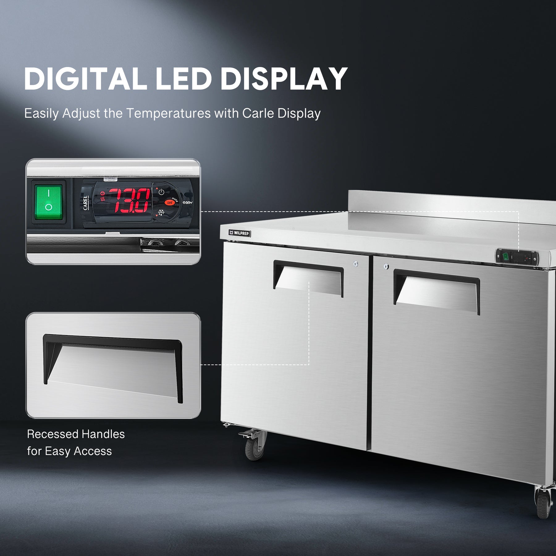 Energy-efficient commercial refrigerator providing cold storage beneath durable prep surface