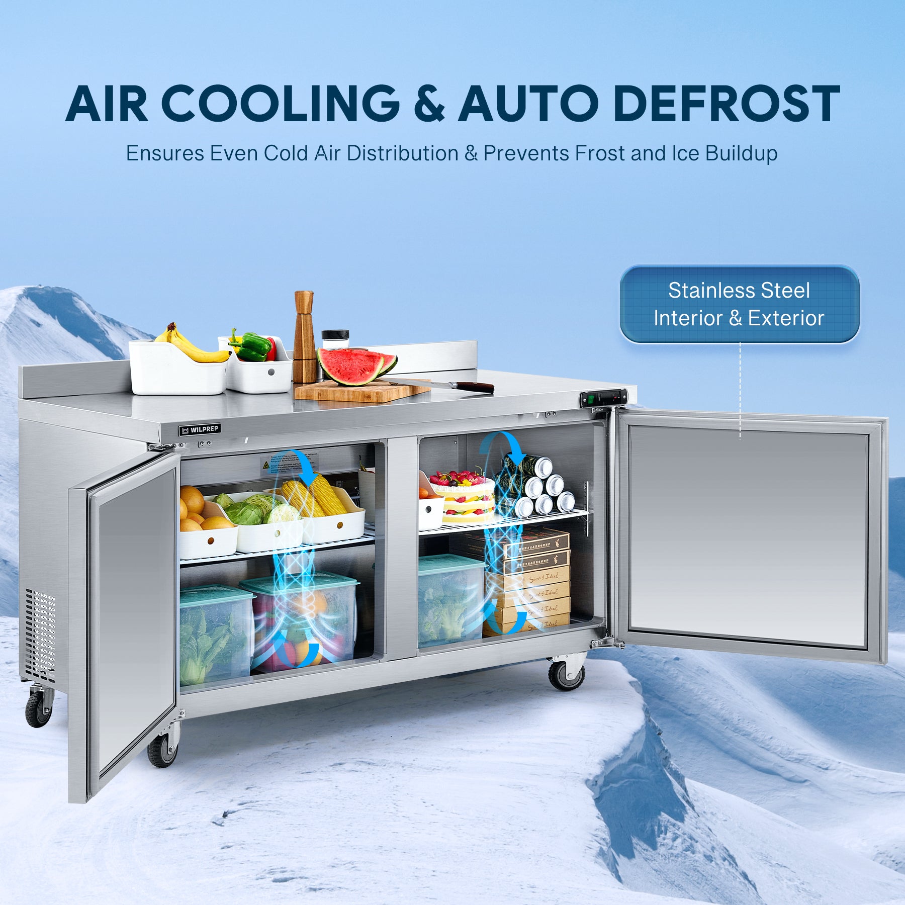 Undercounter worktop refrigerator with 60-inch width suitable for restaurant and cafe kitchens