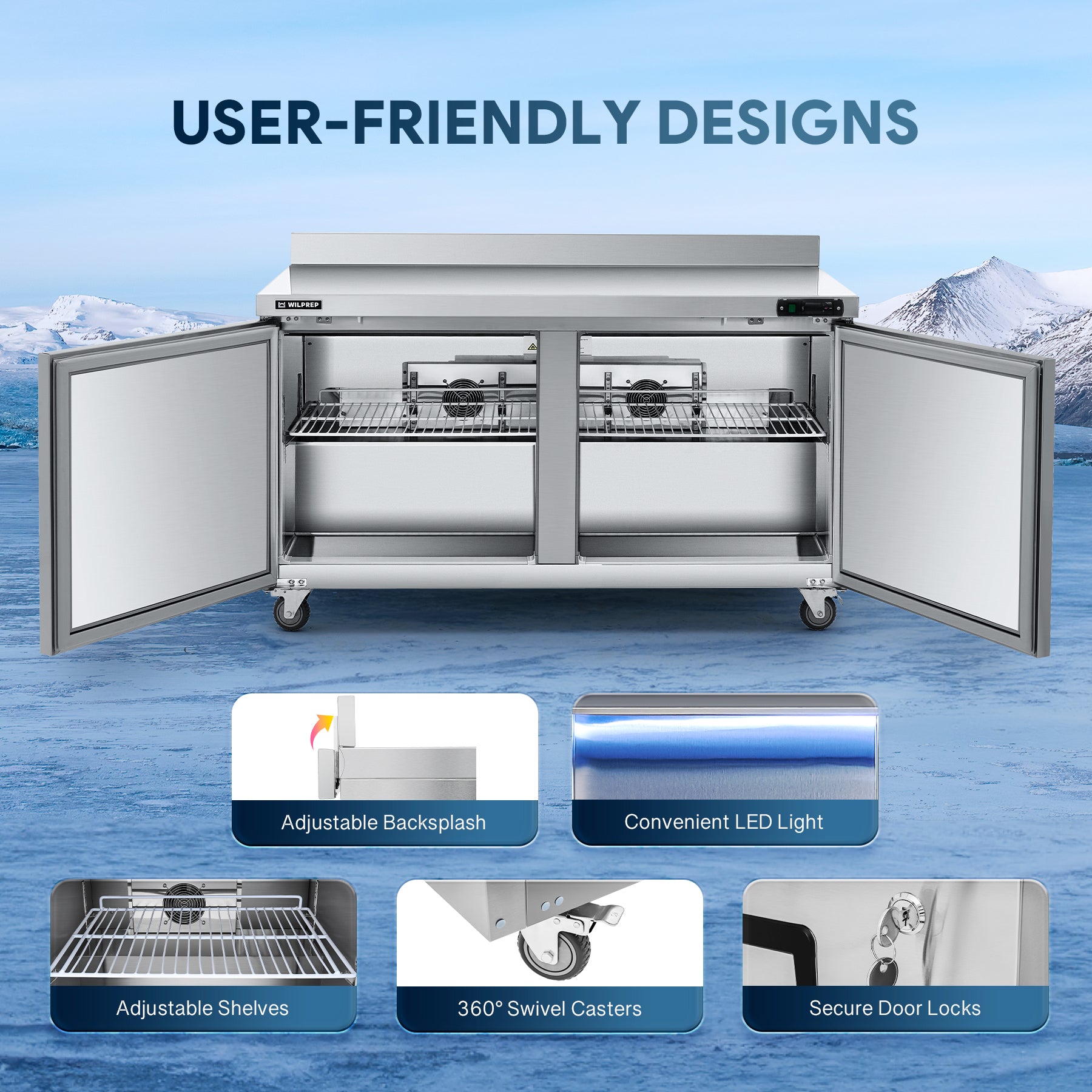 60-inch commercial undercounter worktop refrigerator with stainless steel surface and refrigerated storage