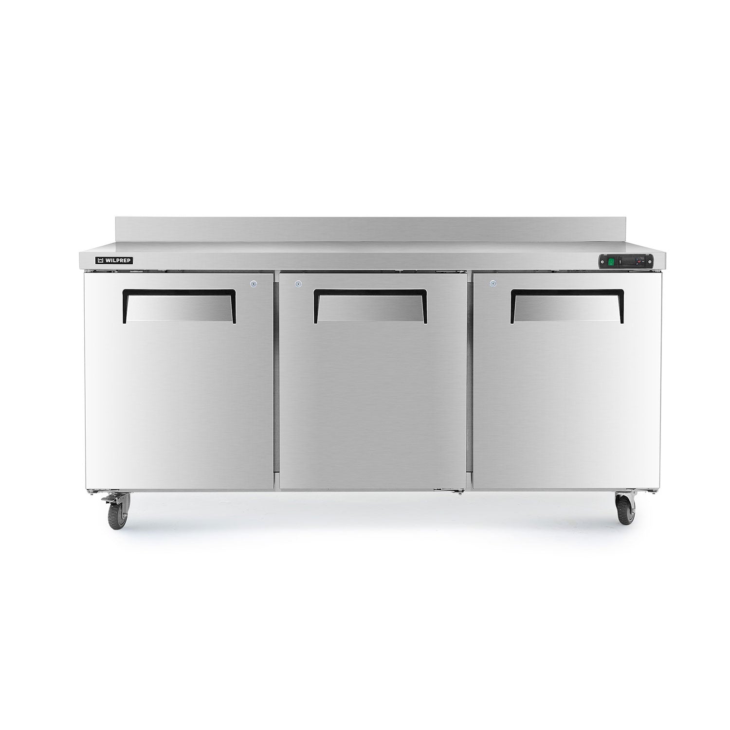 A 72 inch commercial undercounter worktop refrigerator with three doors and a stainless steel finish.