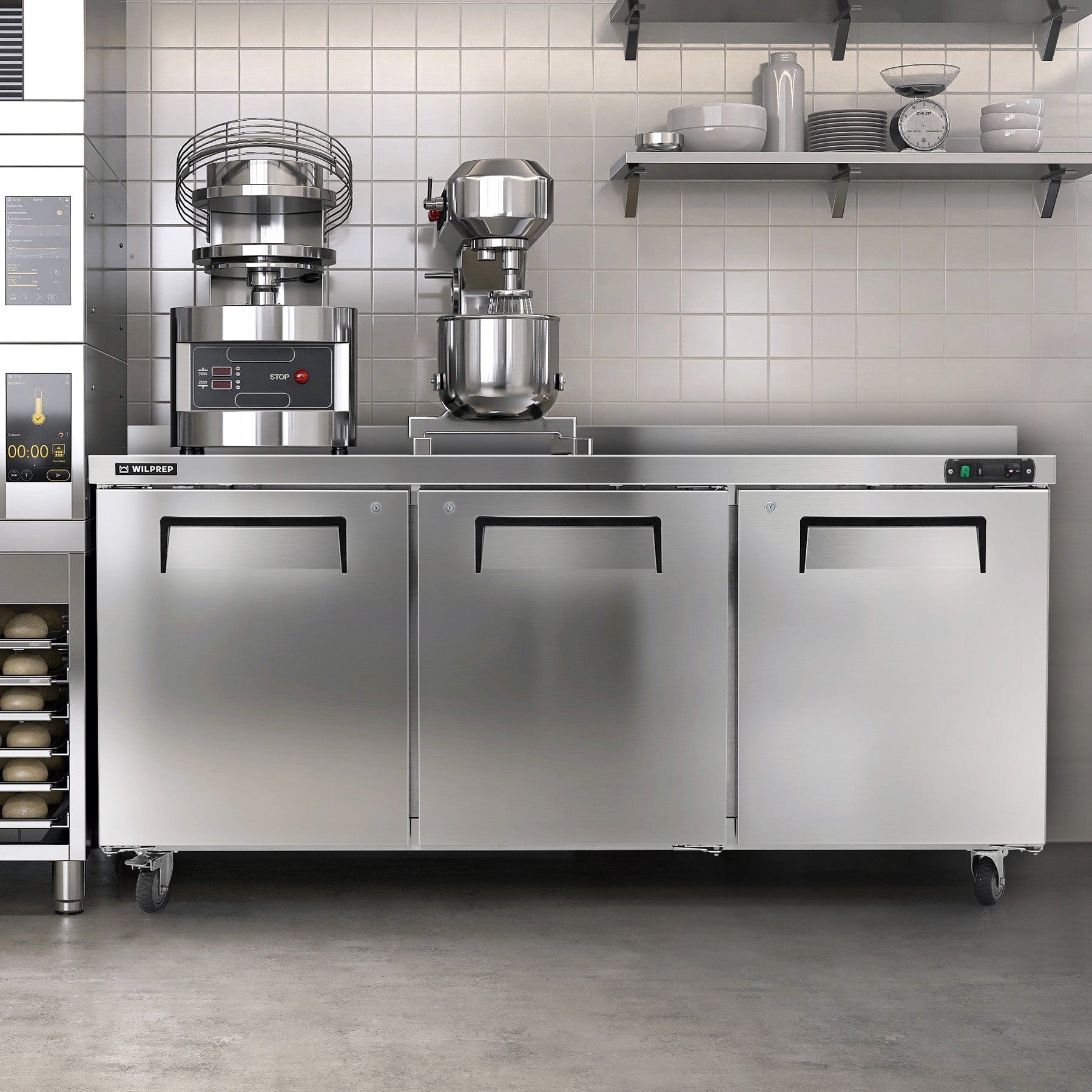 Spacious undercounter refrigerator for restaurant kitchens with 72-inch stainless worktop