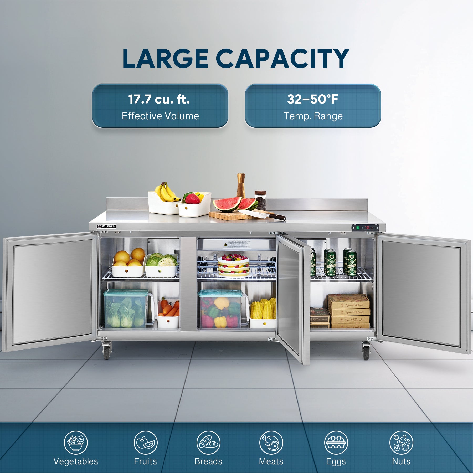 Low profile undercounter refrigerator that maximizes space with a wide stainless steel worktop