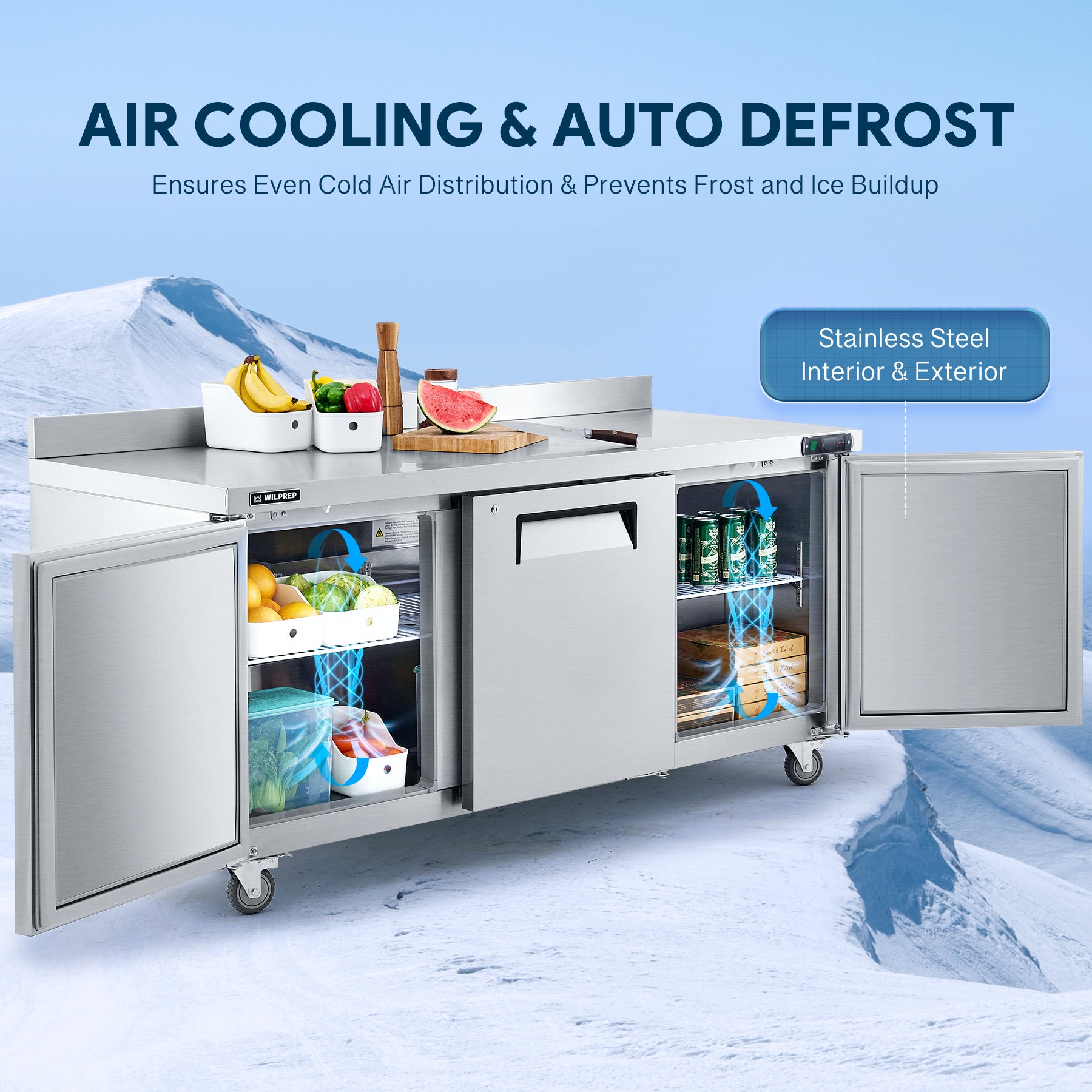 Professional undercounter refrigerator with multiple compartments for kitchen workflow efficiency