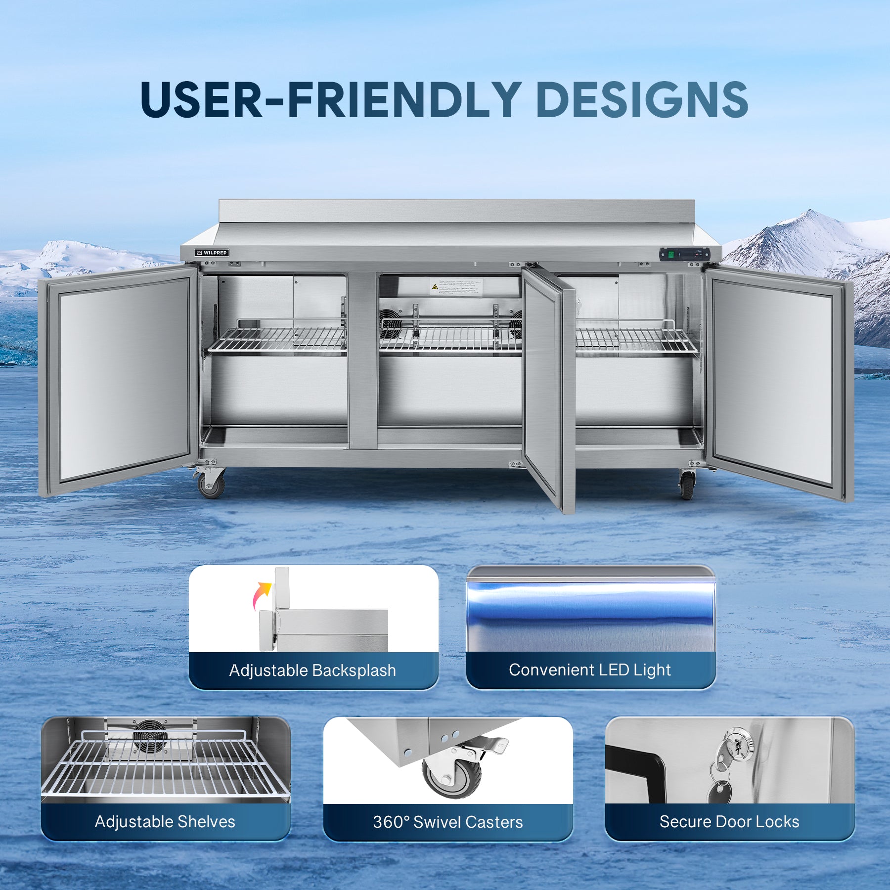 Commercial refrigerator worktop design providing refrigerated storage under a durable prep surface